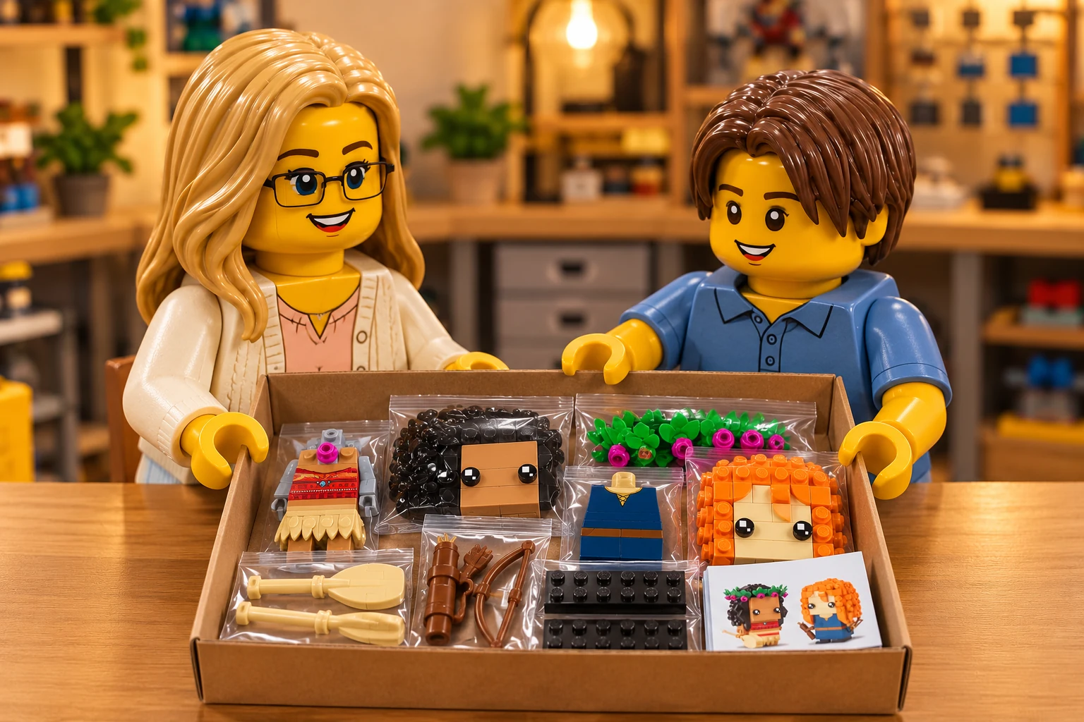 Illustration en personnages de briques — LEGO 40621 : L’adulte, en cardigan crème, et l’adolescent, en polo bleu, tiennent une boîte ouverte contenant des corps incomplets, des visages et cheveux détachés, la couronne, la pagaie, l’arc, le carquois, les socles et un livret, répartis en sachets.