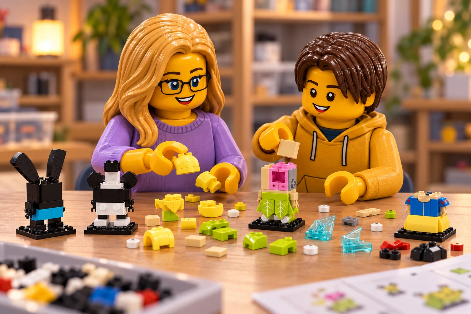 Illustration générée autour du LEGO 40622 Les 100 ans de Disney. L’adulte en haut lavande et l’adolescent en sweat moutarde préparent les cheveux et le noyau ouvert de Clochette ; des ailes translucides et des sections de personnages restent détachées.