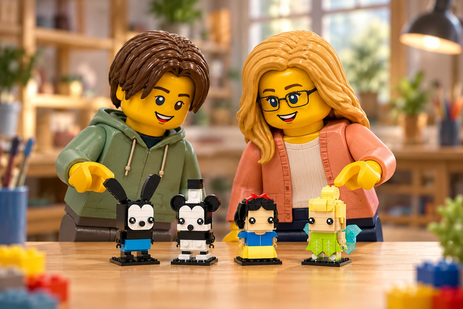 Illustration générée autour du LEGO 40622 Les 100 ans de Disney. L’adulte en cardigan corail et l’adolescent en sweat vert sauge découvrent les quatre petits personnages Disney sur leurs socles noirs.