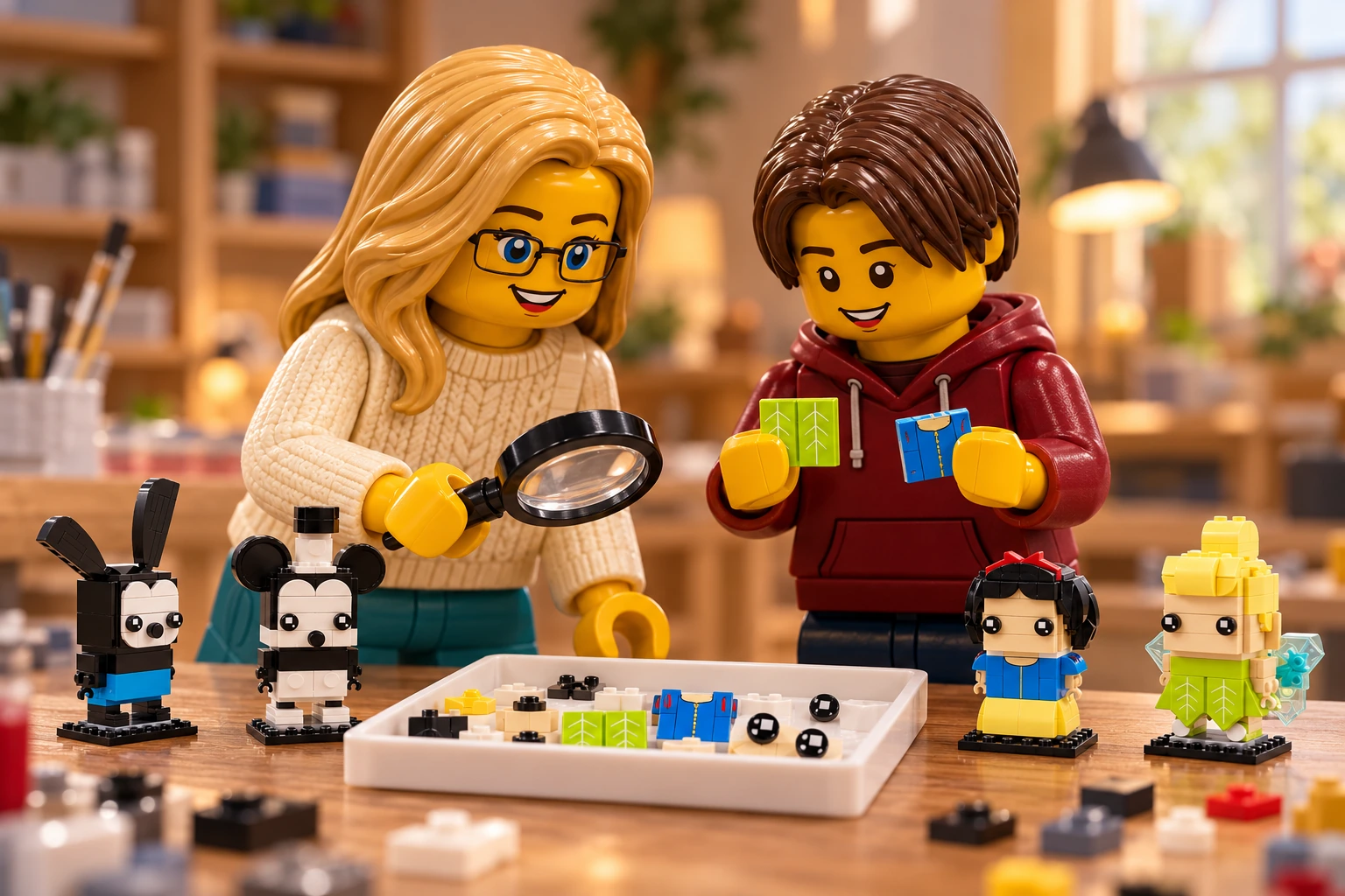 Illustration générée autour du LEGO 40622 Les 100 ans de Disney. L’adulte en pull crème utilise une loupe ; l’adolescent en sweat bordeaux compare des décors verts et bleus dans un plateau blanc, devant les personnages Disney.