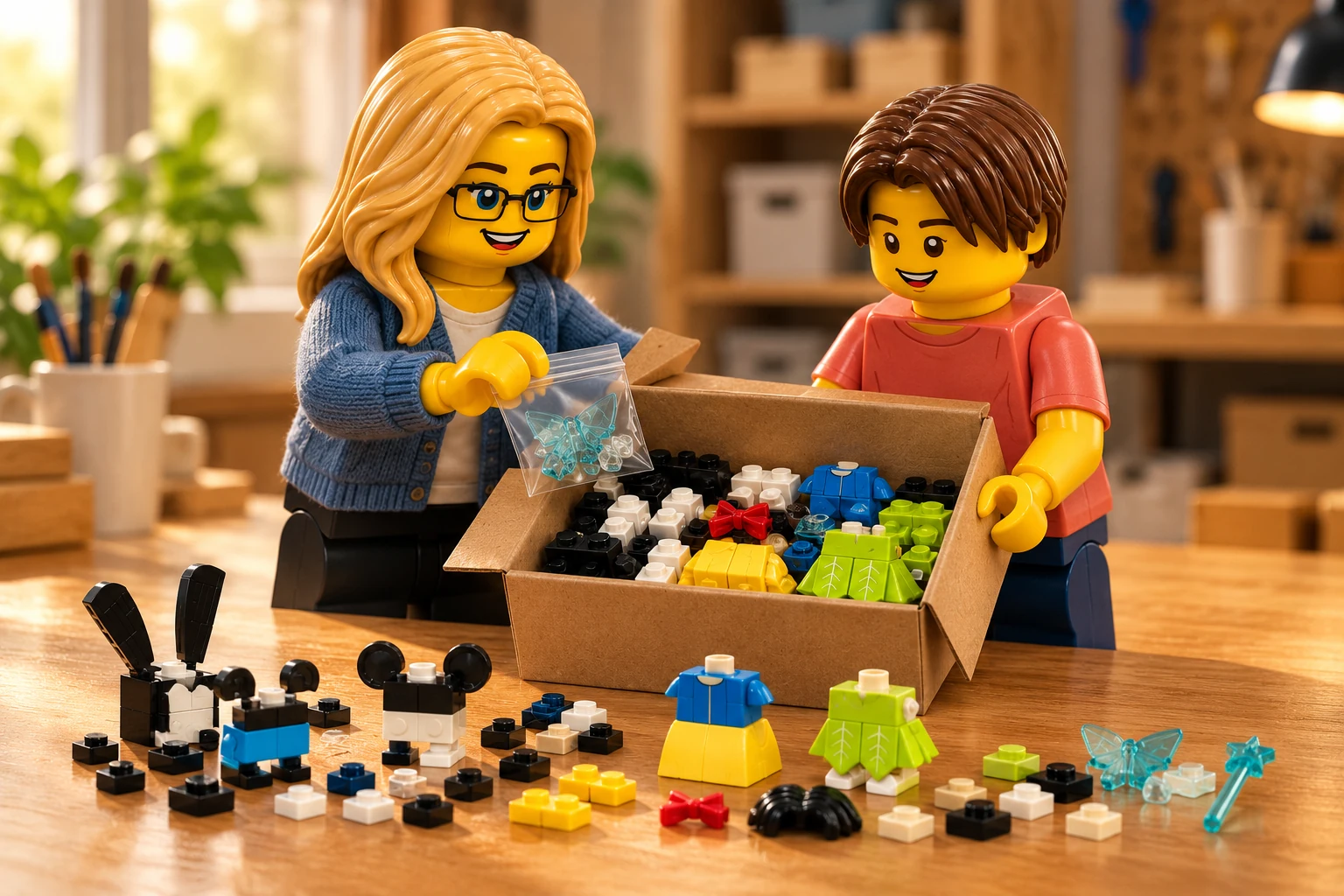 Illustration générée autour du LEGO 40622 Les 100 ans de Disney. L’adulte en cardigan bleu et l’adolescent en tee-shirt corail préparent une boîte de pièces colorées et de sections de robes sans tête ; des ailes sont réunies dans un sachet.
