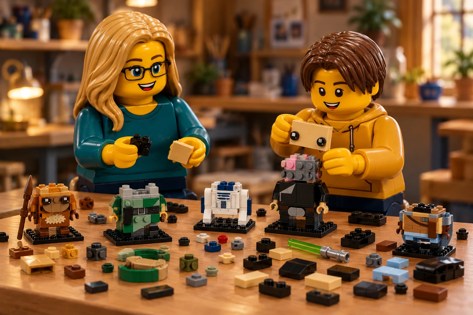 Illustration générée autour du LEGO 40623 Les Héros de la bataille d’Endor. L’adulte en haut bleu canard et l’adolescent en sweat moutarde travaillent sur Luke dont le noyau de tête gris et rose reste ouvert, avec des sections de droïde et de costumes sur la table.