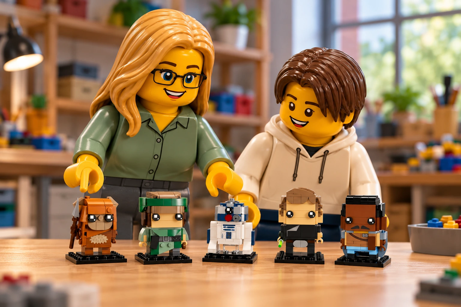Illustration générée autour du LEGO 40623 Les Héros de la bataille d’Endor. L’adulte en chemise verte et l’adolescent en sweat crème découvrent les cinq héros d’Endor alignés sur leurs petits socles.