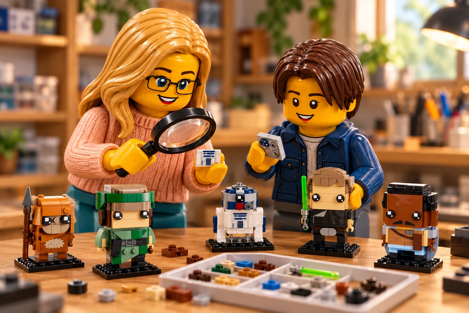 Illustration générée autour du LEGO 40623 Les Héros de la bataille d’Endor. L’adulte en pull pêche examine un panneau de R2-D2 à la loupe ; l’adolescent en veste bleue compare un décor, à côté du plateau de pièces et du sabre vert.