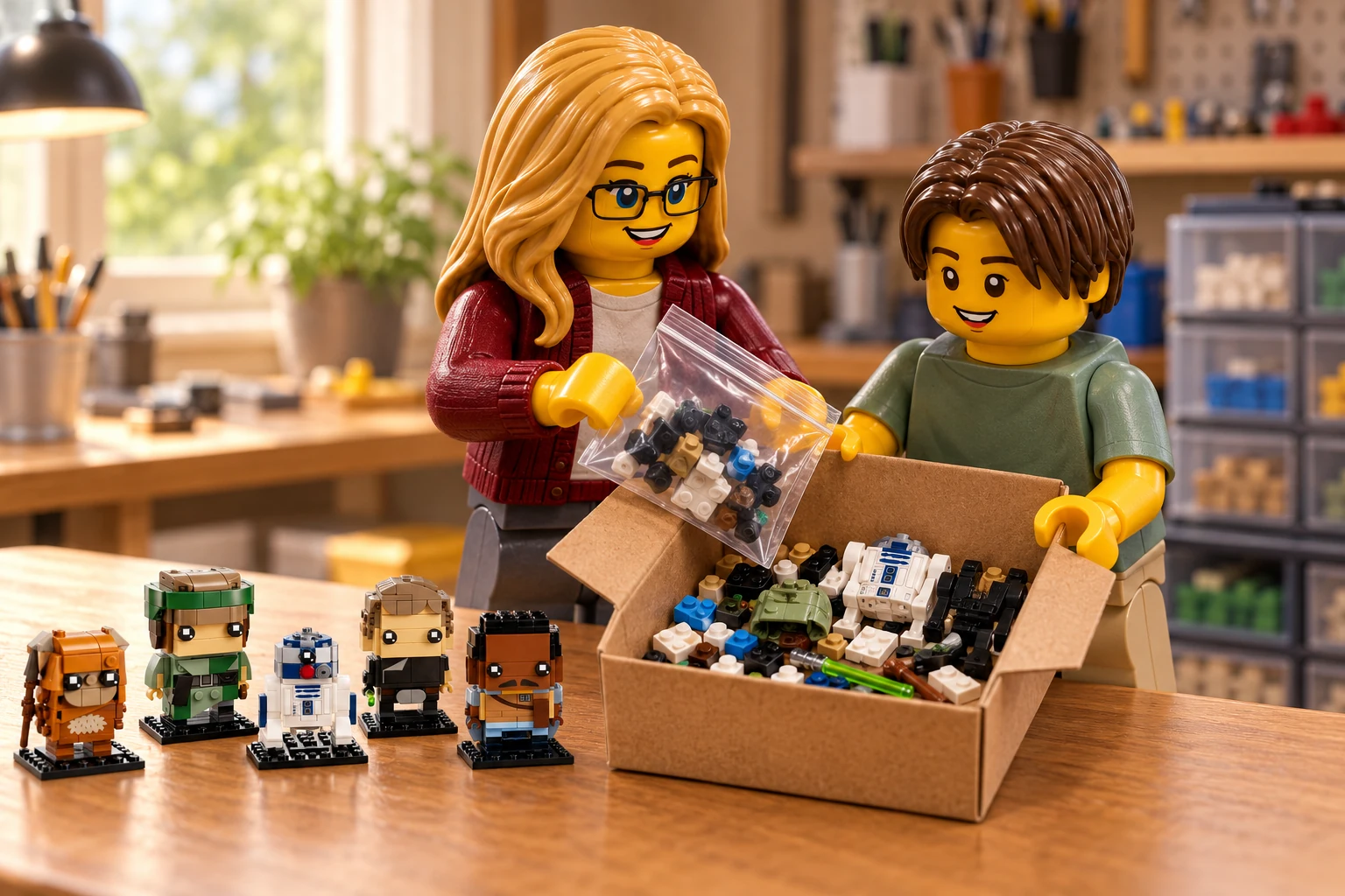 Illustration générée autour du LEGO 40623 Les Héros de la bataille d’Endor. L’adulte en cardigan bordeaux et l’adolescent en tee-shirt vert sauge préparent une boîte contenant des sections de costumes, un corps de droïde et des pièces triées.