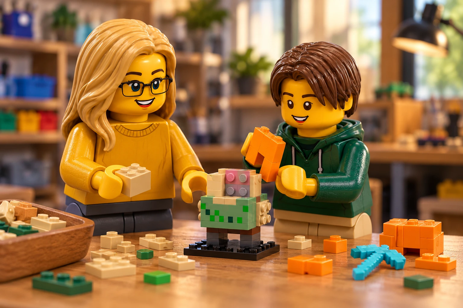 Illustration générée autour du LEGO 40624 Alex. L’adulte en pull moutarde et l’adolescent en sweat vert montent Alex : le torse est construit, le noyau de tête rose et gris est ouvert et une section de cheveux orange reste détachée.