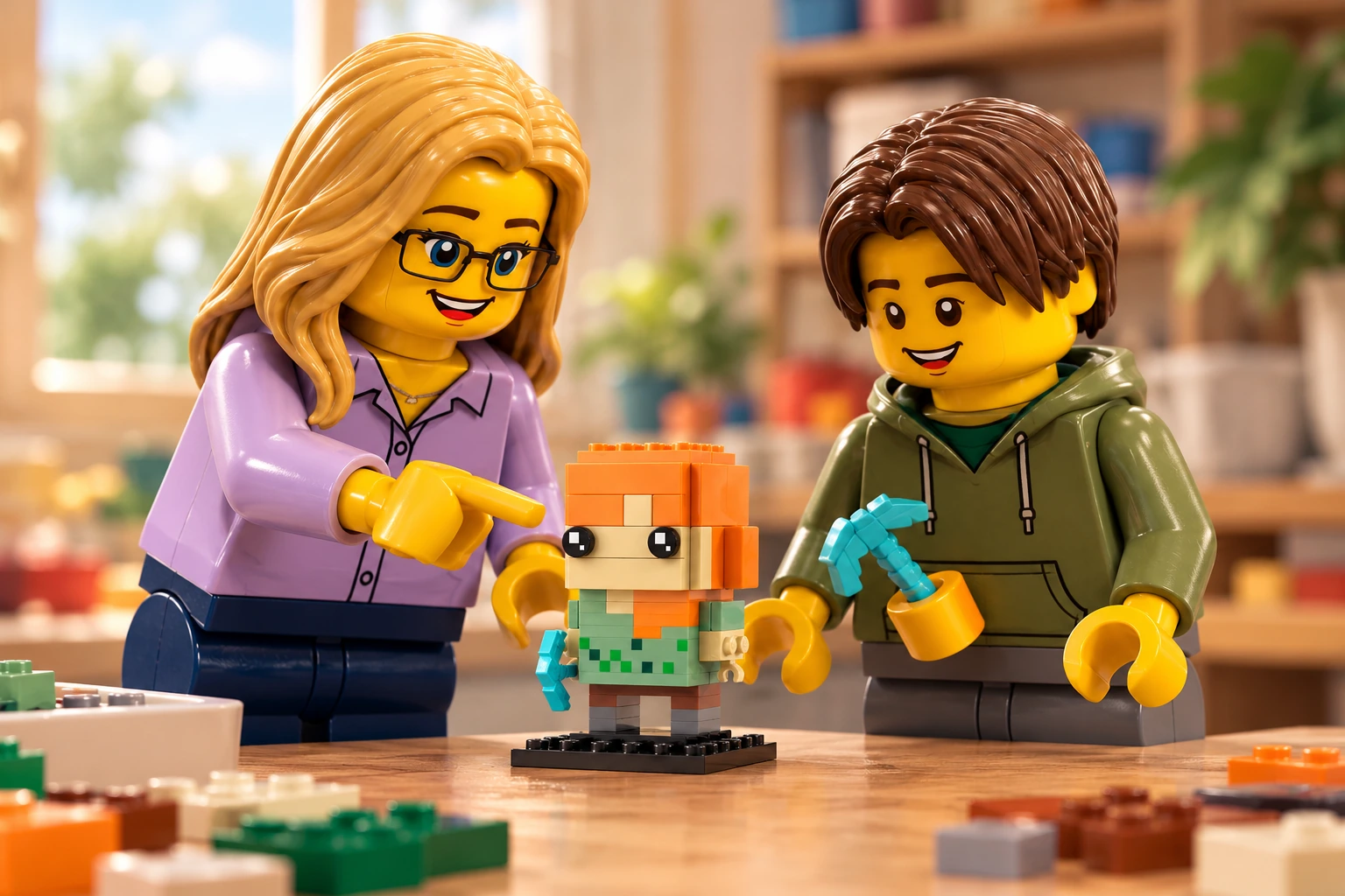 Illustration générée autour du LEGO 40624 Alex. L’adulte en chemise lavande et l’adolescent en sweat olive découvrent Alex, ses cheveux orange et sa pioche bleue sur le petit socle noir.