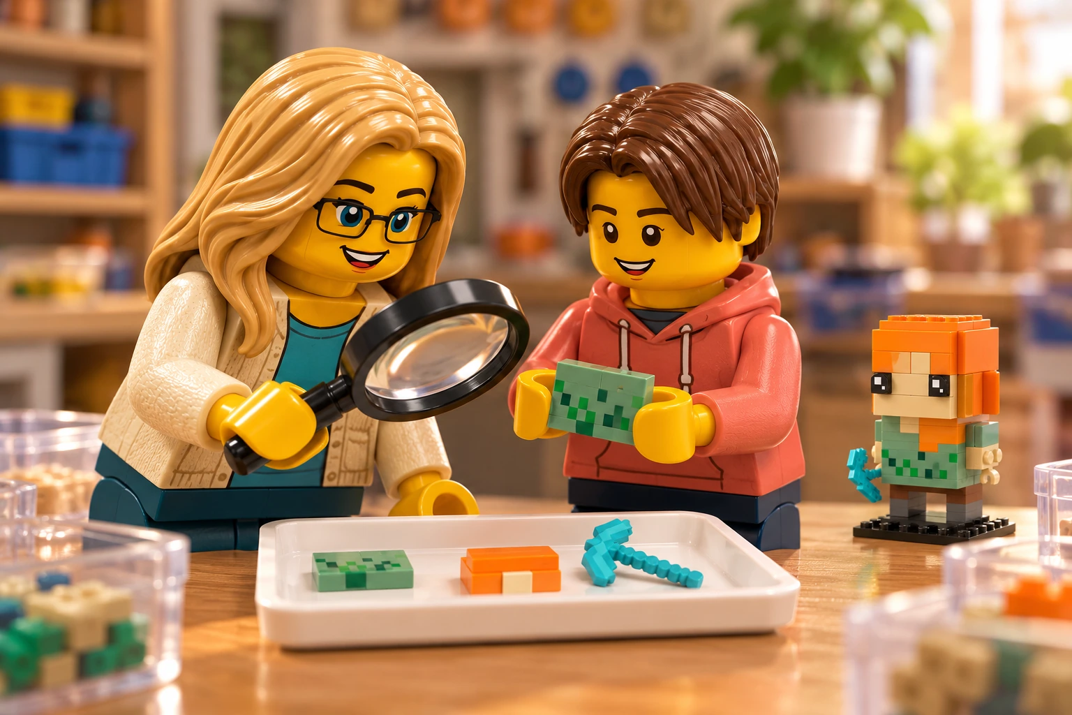 Illustration générée autour du LEGO 40624 Alex. L’adulte en cardigan crème utilise une loupe tandis que l’adolescent en sweat corail présente le décor vert pixelisé ; une pioche et des pièces orange reposent dans le plateau.