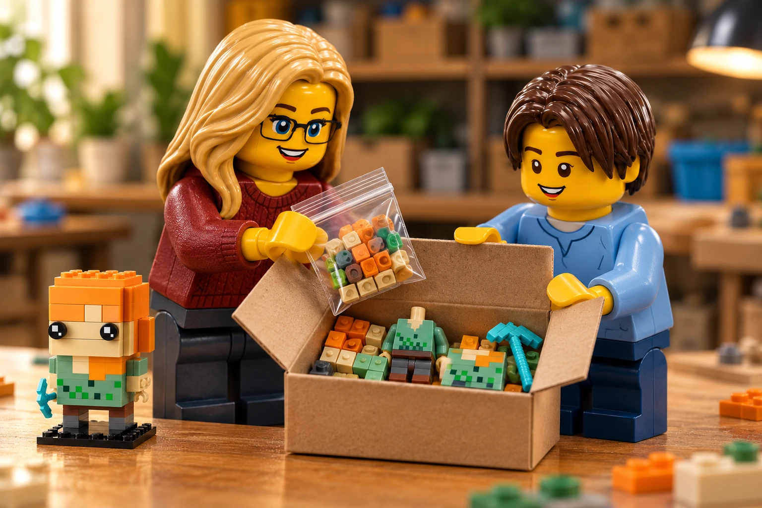 Illustration générée autour du LEGO 40624 Alex. L’adulte en pull rouge et l’adolescent en tee-shirt bleu préparent une boîte contenant des torses sans tête, des pièces orange et vertes et une pioche bleue.