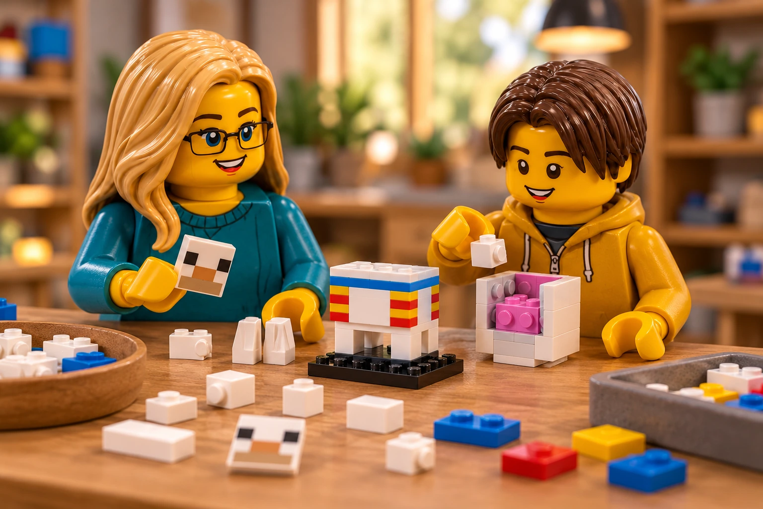Illustration générée autour du LEGO 40625 Lama. L’adulte en haut bleu canard et l’adolescent en sweat moutarde assemblent le lama : le corps blanc est monté, mais la tête ouverte laisse voir son noyau rose et son museau détaché.