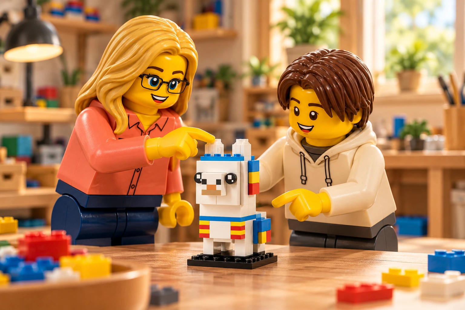 Illustration générée autour du LEGO 40625 Lama. L’adulte en chemise corail et l’adolescent en sweat crème découvrent le petit lama blanc et sa couverture bleue, rouge et jaune.