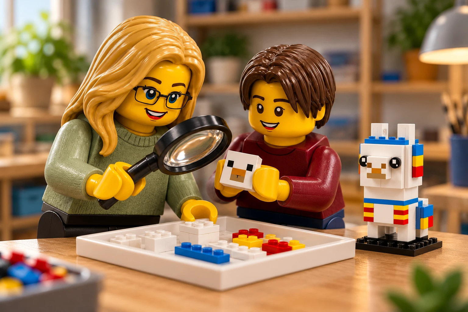 Illustration générée autour du LEGO 40625 Lama. L’adulte en pull vert sauge observe à la loupe le museau imprimé que tient l’adolescent en pull bordeaux ; les pièces blanches et colorées sont triées dans un plateau.