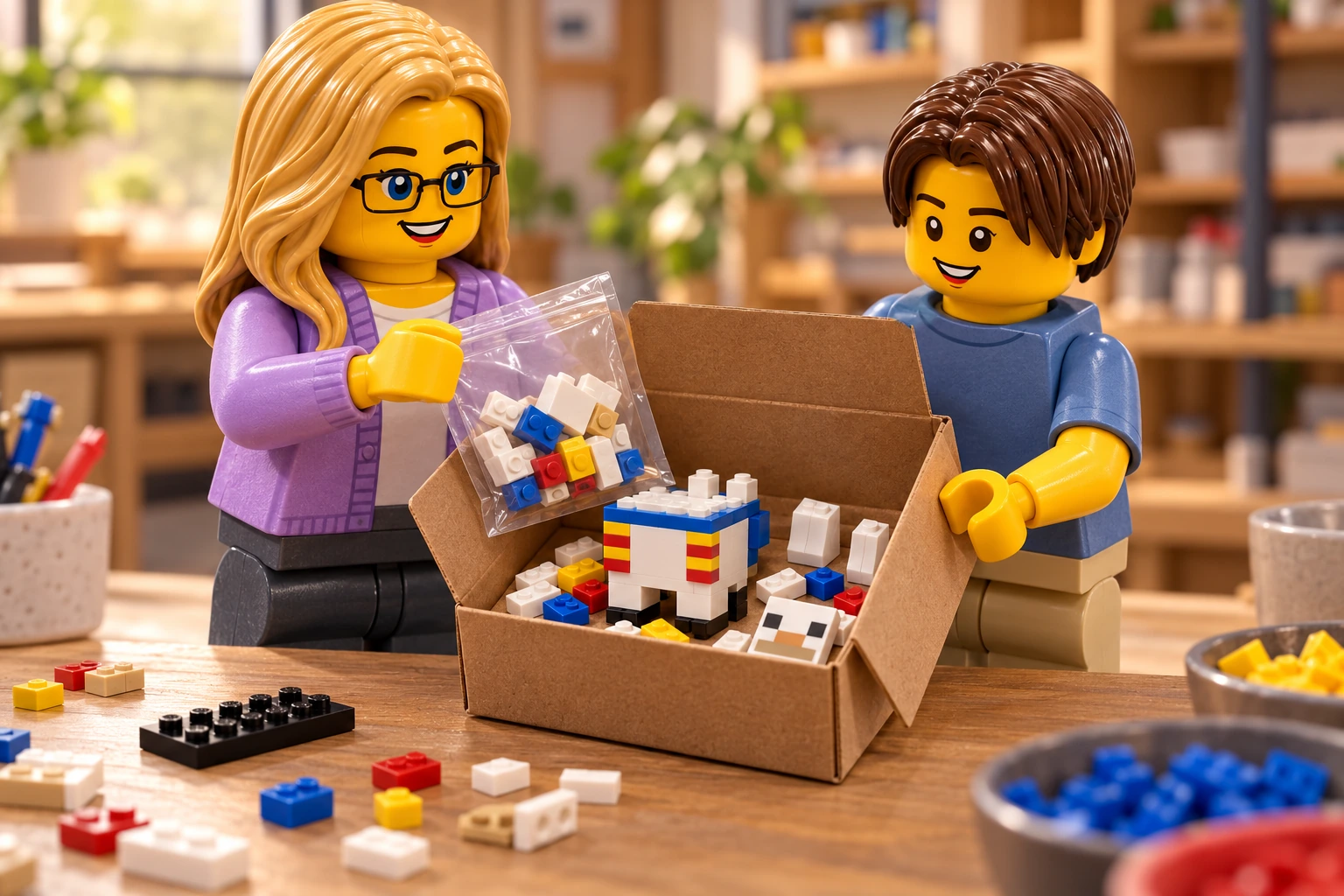 Illustration générée autour du LEGO 40625 Lama. L’adulte en cardigan lavande et l’adolescent en tee-shirt bleu préparent une boîte contenant le corps du lama sans tête, des pièces blanches et colorées et le panneau de museau.