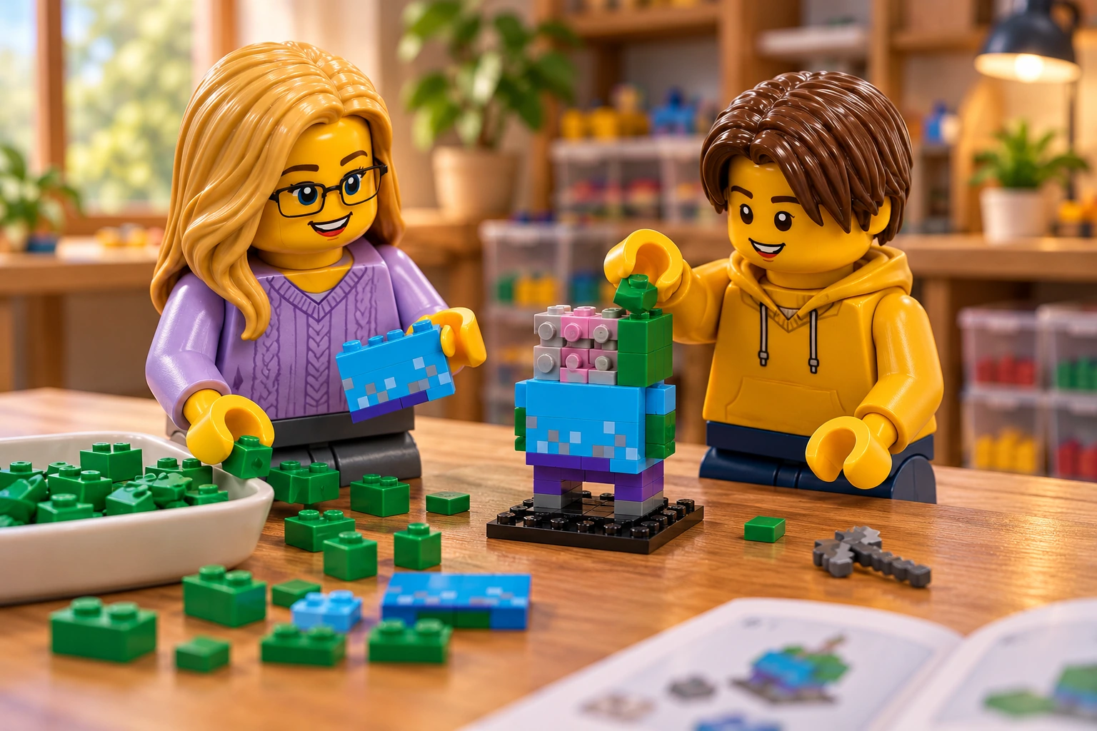 Illustration générée autour du LEGO 40626 Zombie. L’adulte en haut lavande et l’adolescent en sweat moutarde assemblent le zombie au-dessus de son torse bleu : le noyau rose et gris de la tête reste visible derrière un seul côté vert.