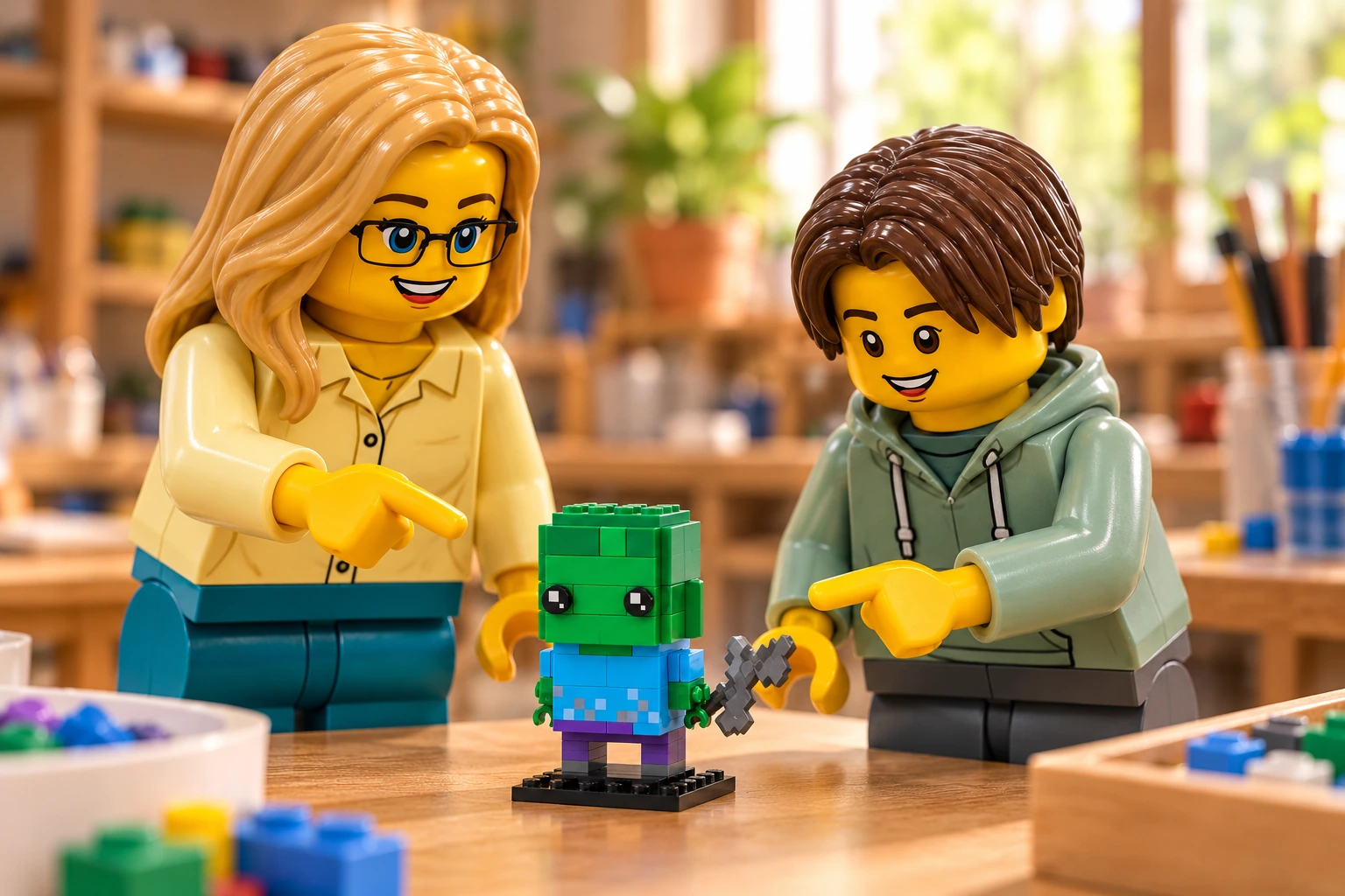 Illustration générée autour du LEGO 40626 Zombie. L’adulte en chemise jaune pâle et l’adolescent en sweat vert sauge découvrent le zombie vert, son vêtement pixelisé bleu et sa hache argentée.