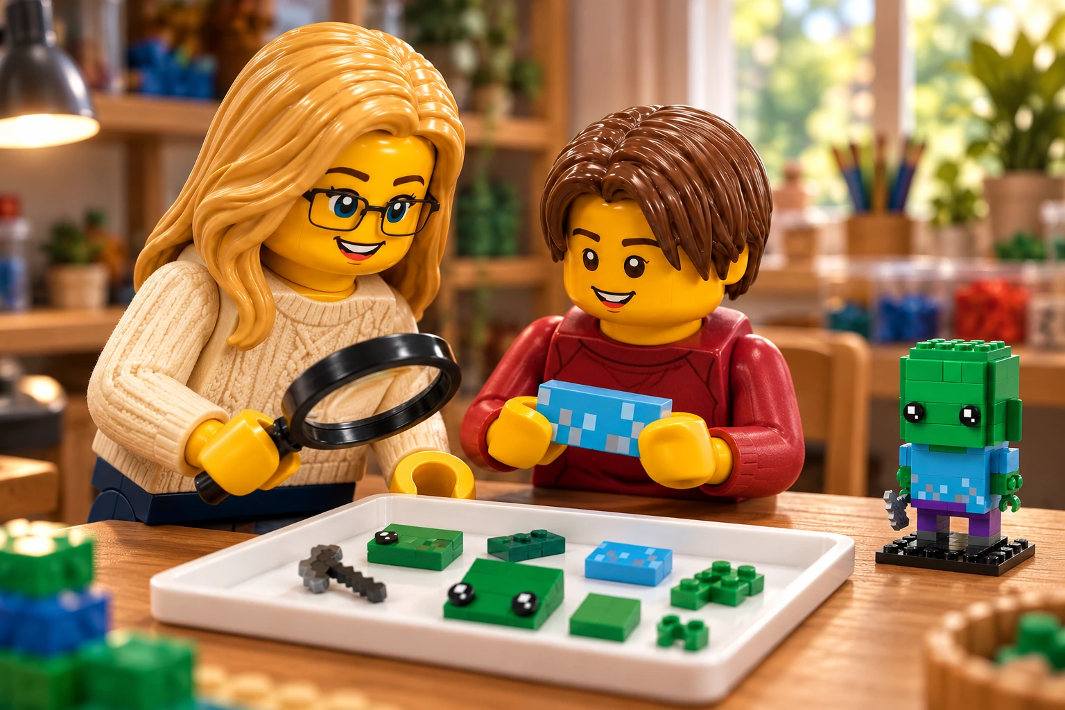 Illustration générée autour du LEGO 40626 Zombie. L’adulte en pull crème utilise une loupe tandis que l’adolescent en pull rouge montre le décor bleu pixelisé ; une hache et des pièces vertes sont disposées dans le plateau.