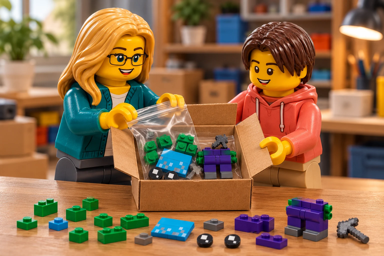 Illustration générée autour du LEGO 40626 Zombie. L’adulte en cardigan bleu canard et l’adolescent en sweat corail préparent une boîte de pièces vertes, bleues et violettes et de sections de jambes ; une hache et des yeux sont encore détachés.