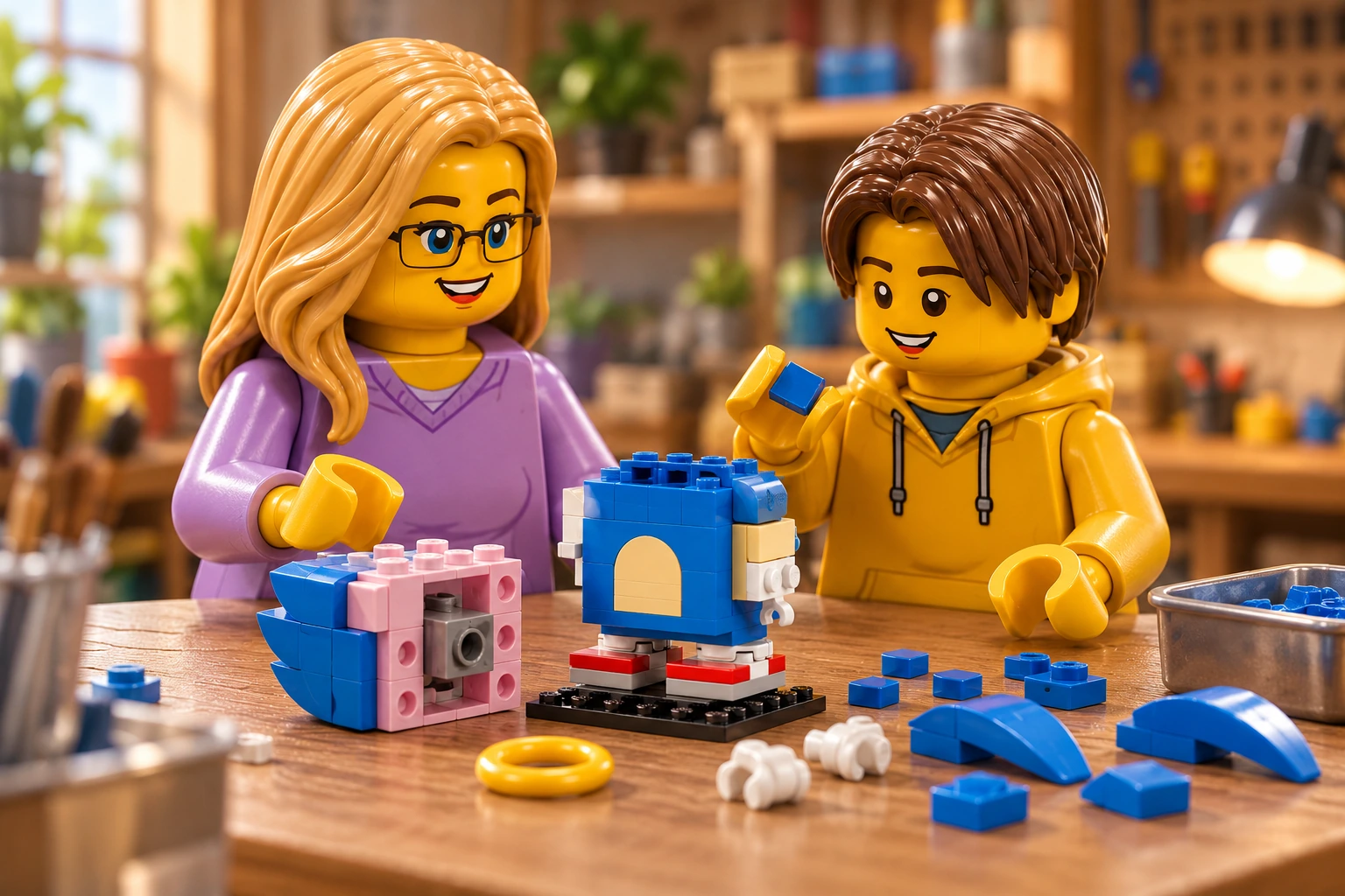 Illustration générée autour du LEGO 40627 Sonic the Hedgehog. L’adulte en haut lavande et l’adolescent en sweat moutarde montent Sonic : le torse et les chaussures sont réunis, mais le noyau rose et gris de la tête reste ouvert et détaché.