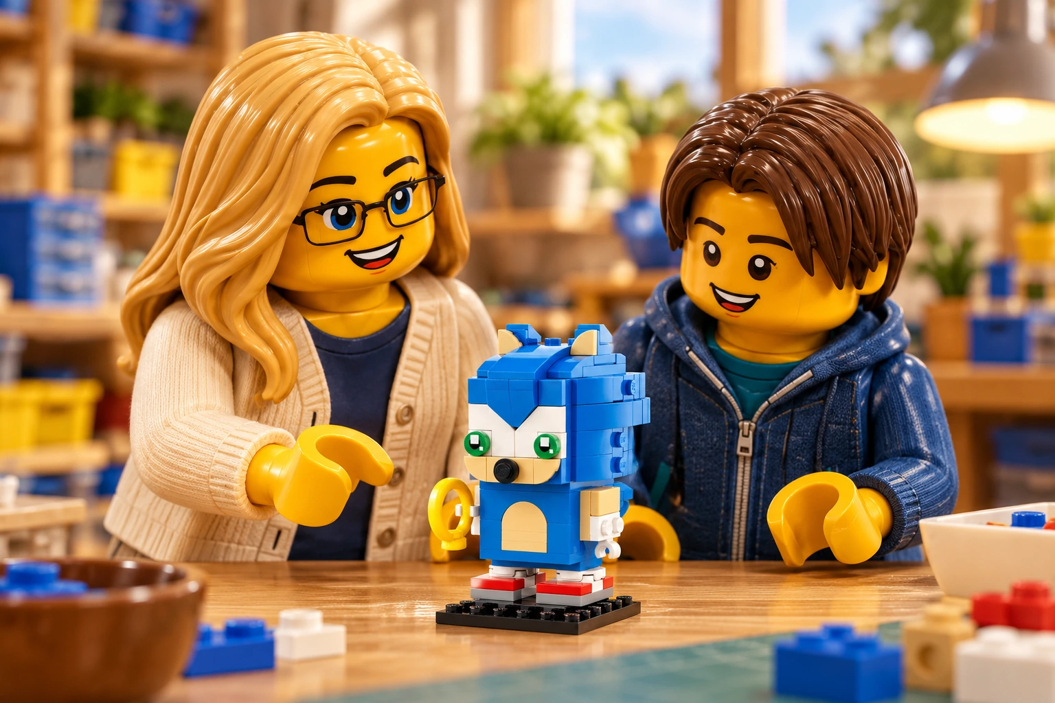 Illustration générée autour du LEGO 40627 Sonic the Hedgehog. L’adulte en cardigan crème et l’adolescent en veste bleue découvrent le petit Sonic bleu, son anneau jaune et ses chaussures rouges et blanches.