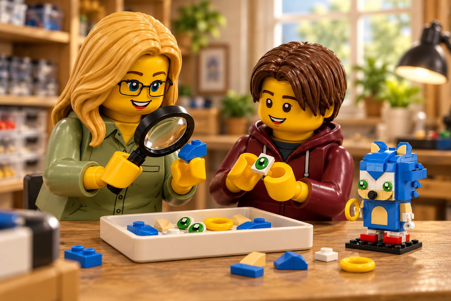 Illustration générée autour du LEGO 40627 Sonic the Hedgehog. L’adulte en chemise vert sauge utilise une loupe tandis que l’adolescent en sweat bordeaux présente un petit œil vert ; les piquants bleus et l’anneau jaune sont triés dans un plateau.