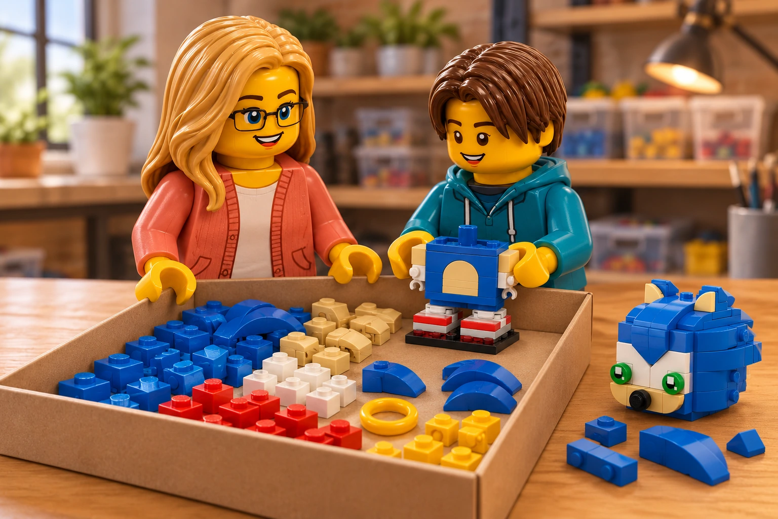 Illustration générée autour du LEGO 40627 Sonic the Hedgehog. L’adulte en cardigan corail et l’adolescent en sweat bleu canard placent un torse sans tête dans une boîte de pièces bleues, beiges, rouges, blanches et jaunes ; la tête est encore séparée.