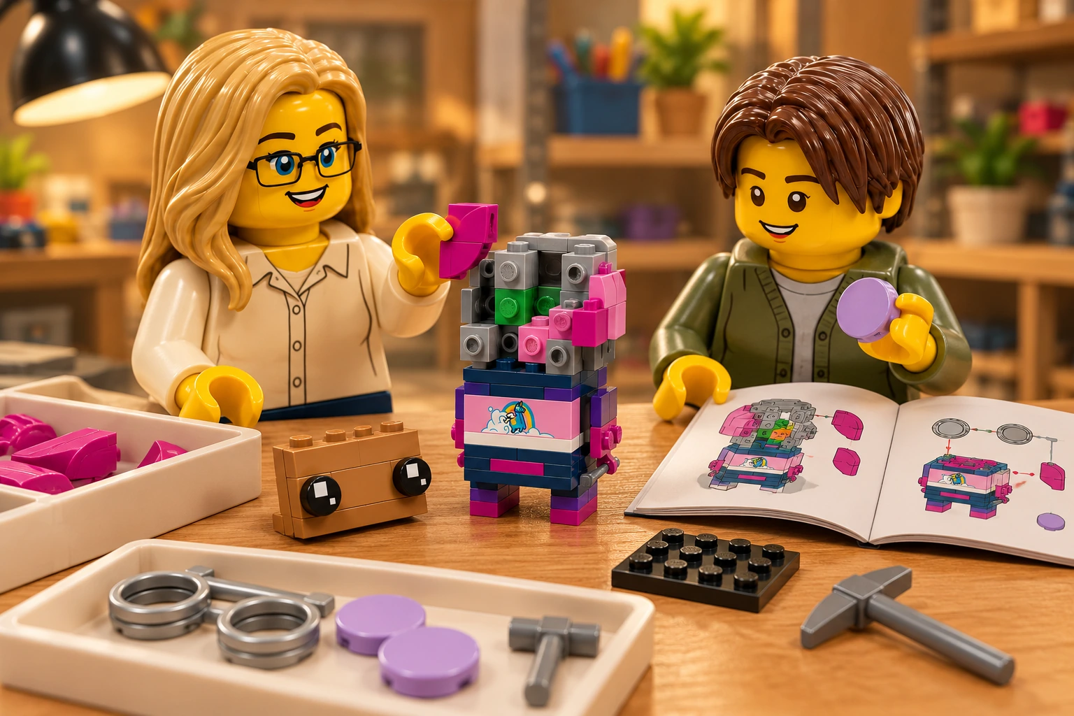Illustration en personnages de briques — LEGO 40728 : L’adulte, en blouse crème, tient une mèche magenta près de la tête ouverte ; l’adolescent, en cardigan vert, examine un verre lavande. Le noyau vert et les supports gris sont visibles ; le visage, les lunettes, la pioche et le socle sont détachés près du livret.