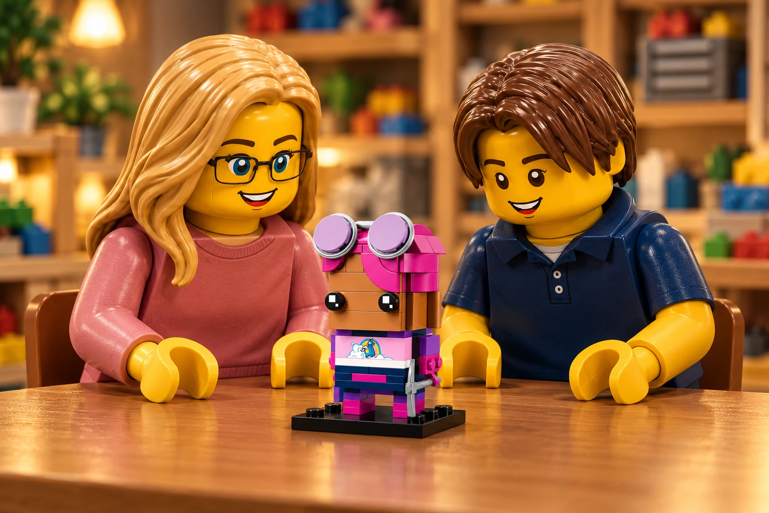 Illustration en personnages de briques — LEGO 40728 : Une adulte blonde à lunettes, en pull rose, et un adolescent châtain, en polo bleu foncé, regardent Terreur fluo terminée sur son socle, avec ses cheveux magenta, ses lunettes lavande, son motif de licorne et sa pioche grise.