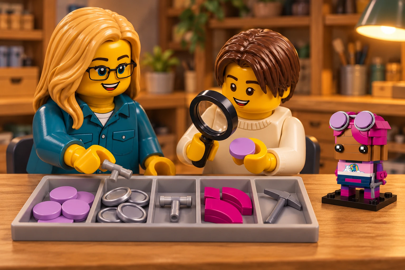 Illustration en personnages de briques — LEGO 40728 : L’adolescent, en pull crème, observe à la loupe une tuile ronde lavande ; l’adulte, en chemise bleu-vert, présente le support argenté. Un bac contient verres, montures, mèches magenta et pioche, près du modèle terminé.