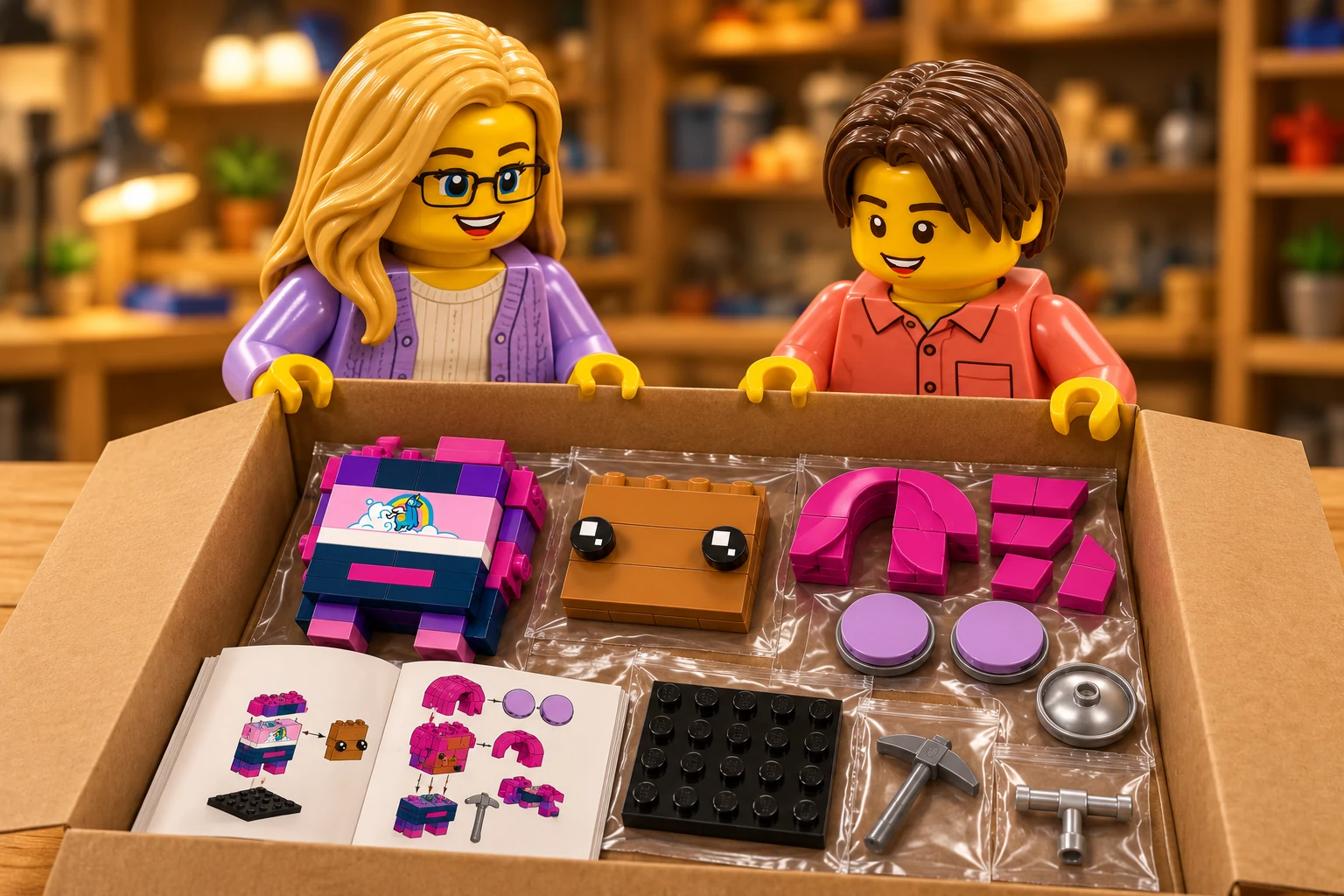 Illustration en personnages de briques — LEGO 40728 : Les deux personnages tiennent une boîte ouverte contenant le corps sans tête, le visage brun détaché, les cheveux magenta, les verres lavande, les montures et le support argentés, la pioche, le socle et le livret, répartis en sachets.