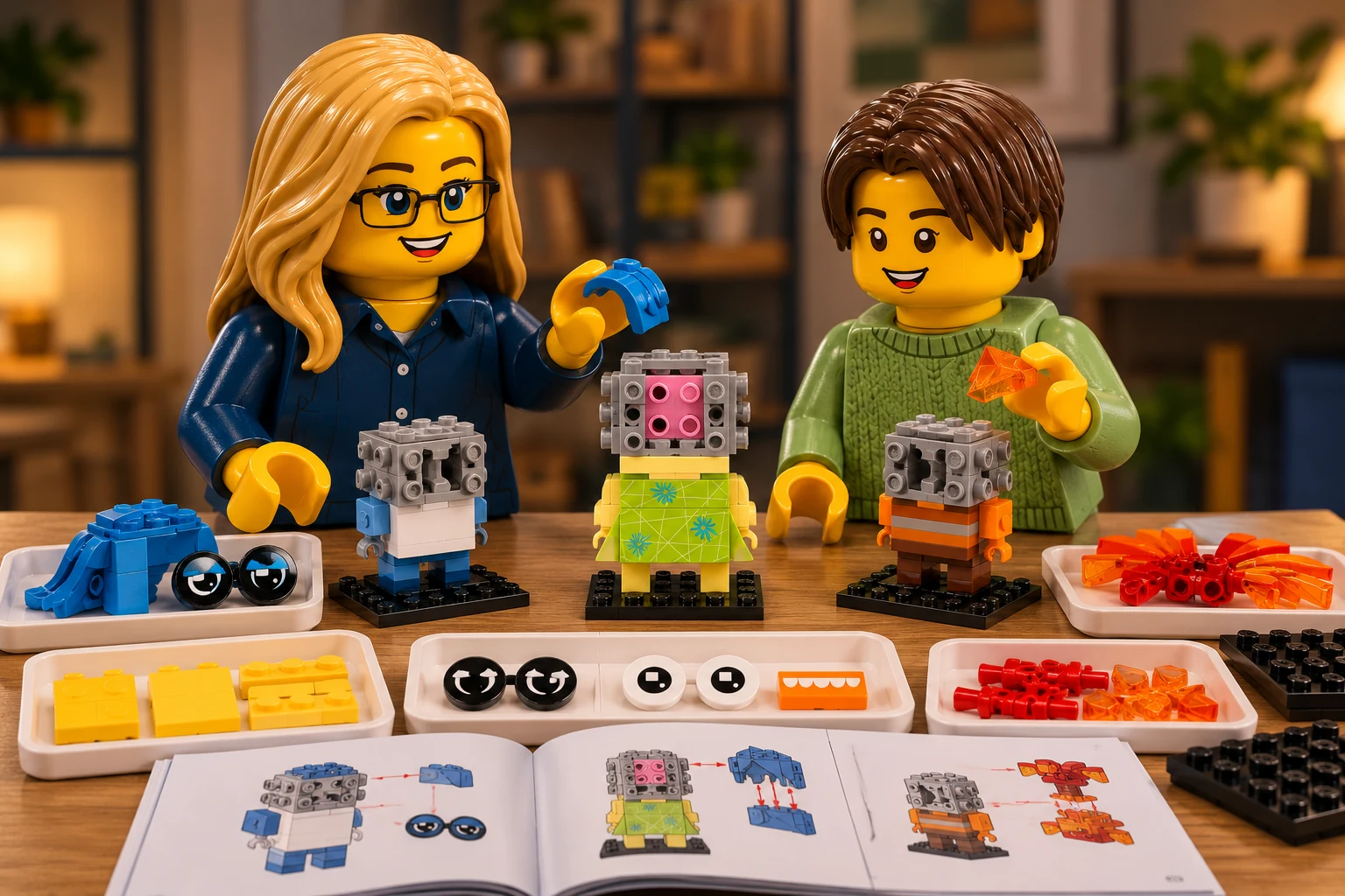 Illustration en personnages de briques — LEGO 40749 : L’adulte, en chemise bleu foncé, tient une courbe bleue ; l’adolescent, en pull vert, présente une pente orange translucide. Les trois têtes restent ouvertes, avec supports gris et noyau rose visibles ; les yeux, les dents et les cheveux sont détachés près des livrets.