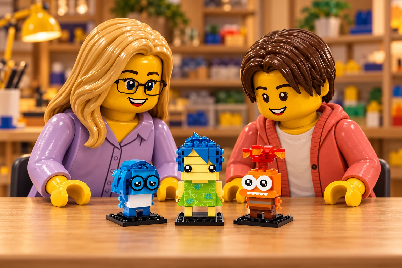 Illustration en personnages de briques — LEGO 40749 : Une adulte blonde à lunettes, en blouse lavande, et un adolescent châtain, en cardigan corail, observent les trois modèles terminés : Tristesse bleue, Joie à robe fleurie et Anxiété orange à grands yeux blancs et cheveux relevés.