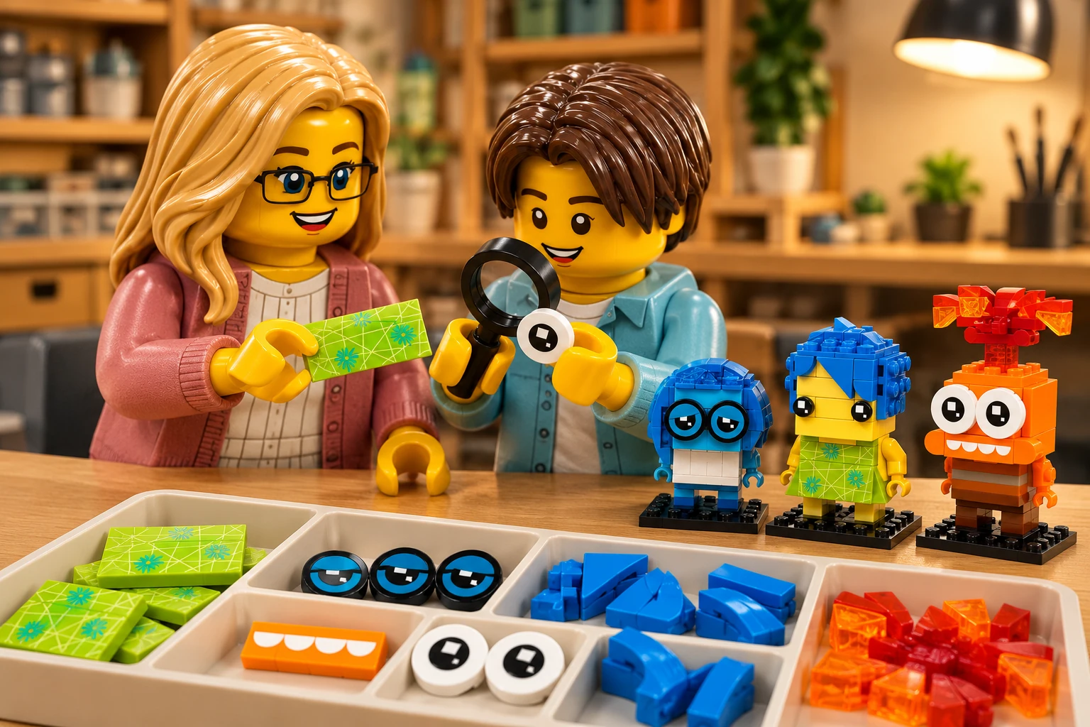 Illustration en personnages de briques — LEGO 40749 : L’adolescent, en chemise bleu clair, observe à la loupe un grand œil blanc ; l’adulte, en cardigan rose, tient une tuile vert citron à fleurs. Les trois modèles sont posés près de bacs contenant les yeux, les dents imprimées et les éléments de cheveux.
