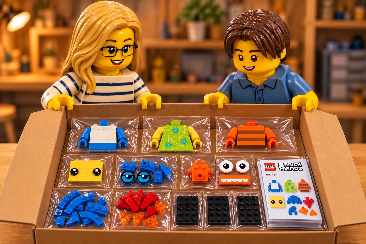 Illustration en personnages de briques — LEGO 40749 : l’adulte en marinière et l’adolescent en polo bleu tiennent une boîte ouverte ; trois corps sans tête, panneaux de visage, yeux, cheveux, socles et livrets sont séparés dans des sachets.