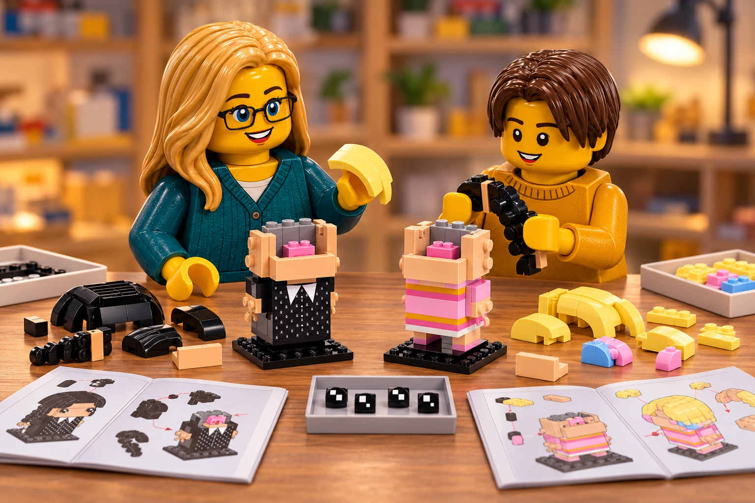 Illustration en personnages de briques — LEGO 40750 : L’adulte, en cardigan bleu canard, tient un élément de cheveux jaune clair ; l’adolescent, en pull ocre, vérifie une tresse noire détachée. Les deux têtes sont ouvertes, avec noyaux roses et supports gris visibles ; les yeux et les coiffures restent séparés près des livrets.