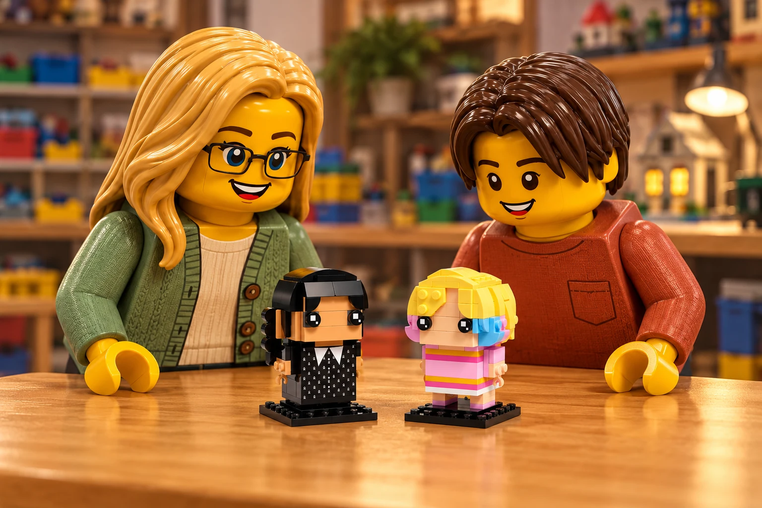 Illustration en personnages de briques — LEGO 40750 : Une adulte blonde à lunettes, en cardigan vert, et un adolescent châtain, en haut orange, découvrent Mercredi aux tresses noires et Enid aux mèches blondes, roses et bleu clair, sur leurs petits socles.