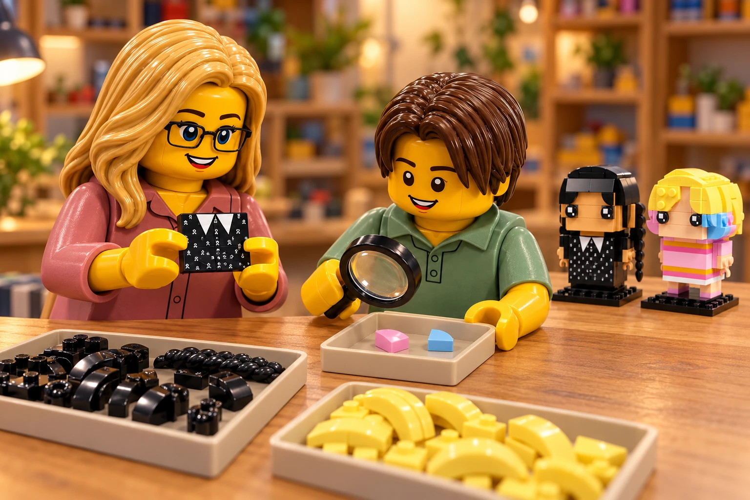 Illustration en personnages de briques — LEGO 40750 : L’adolescent, en polo vert sauge, observe à la loupe deux petites pièces rose et bleu clair dans un bac ; l’adulte, en blouse rose, examine le panneau noir imprimé de la robe de Mercredi. Les deux modèles terminés sont posés à côté des bacs de cheveux.
