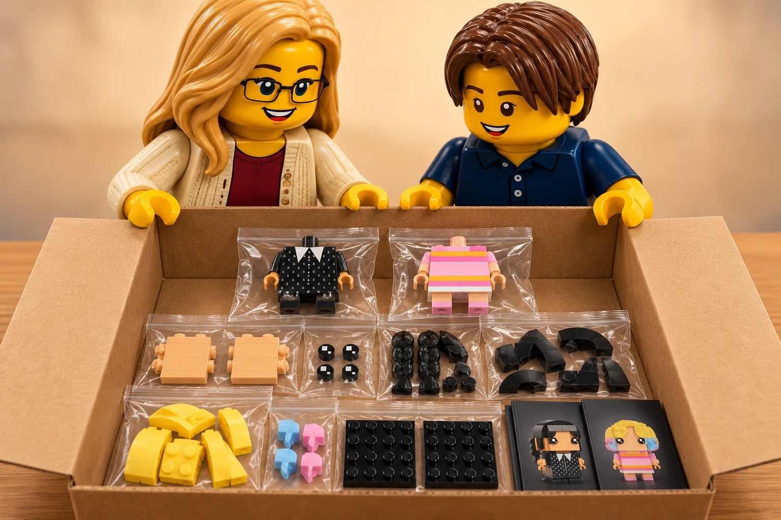 Illustration en personnages de briques — LEGO 40750 : L’adulte, en cardigan crème, et l’adolescent, en polo bleu marine, tiennent une boîte ouverte contenant deux corps sans tête. Les faces, les yeux, les tresses noires, les mèches jaunes et leurs extrémités roses et bleu clair sont séparés en sachets, avec les socles et les livrets.