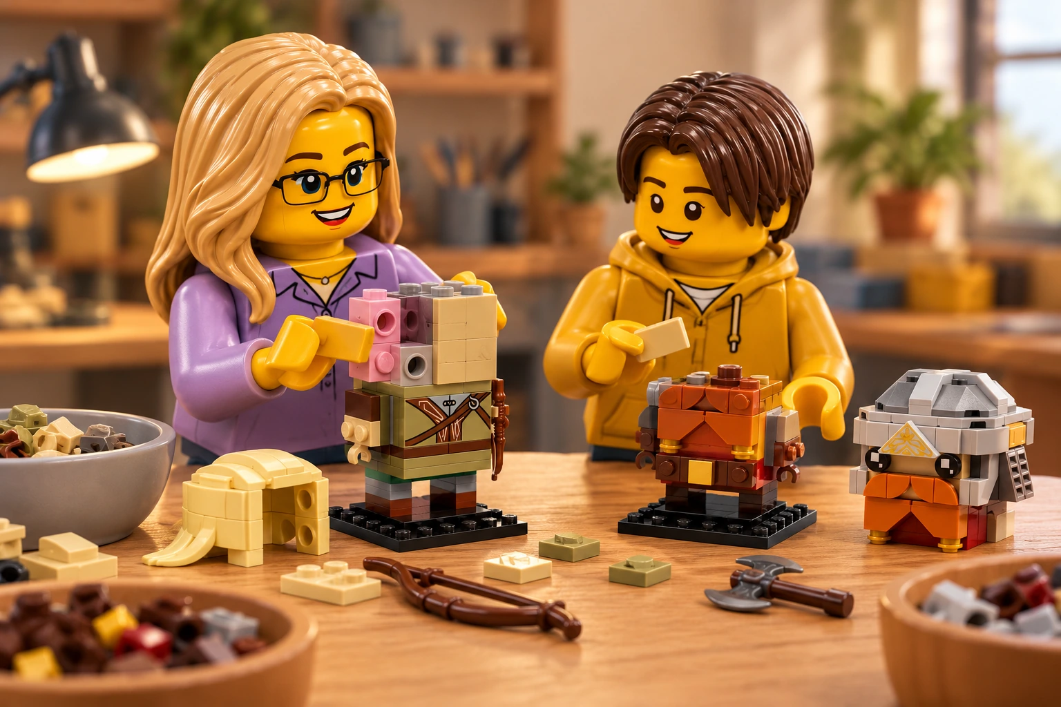 Illustration générée autour du LEGO 40751 Legolas et Gimli. L’adulte en chemise lavande et l’adolescent en sweat moutarde complètent Legolas au noyau de tête rose et gris ouvert ; les cheveux blonds et la tête de Gimli restent détachés.