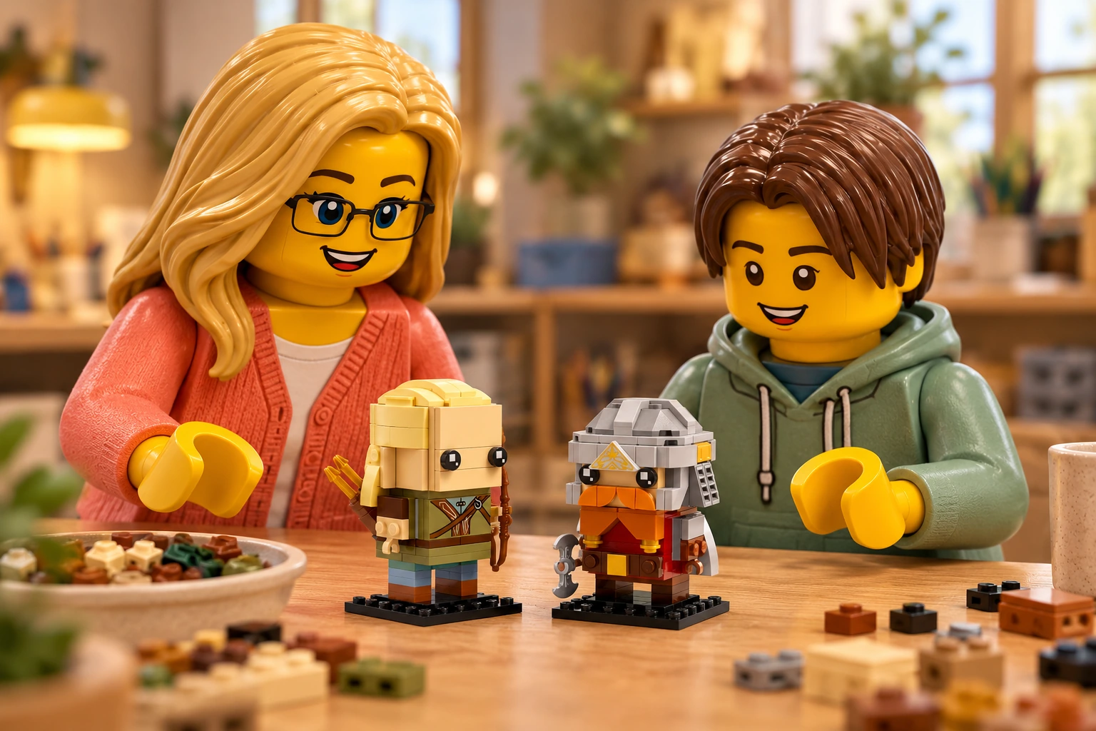 Illustration générée autour du LEGO 40751 Legolas et Gimli. L’adulte en cardigan corail et l’adolescent en sweat vert sauge découvrent Legolas blond avec son arc et Gimli avec sa barbe orange et son casque gris, sur deux petits socles.