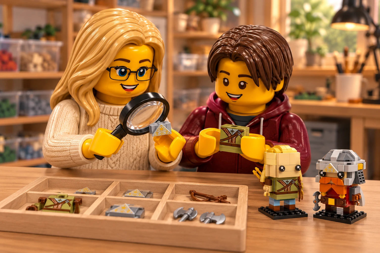 Illustration générée autour du LEGO 40751 Legolas et Gimli. L’adulte en pull crème examine un décor de casque à la loupe ; l’adolescent en sweat bordeaux présente le gilet imprimé, au-dessus d’un plateau contenant arc et lames de hache.