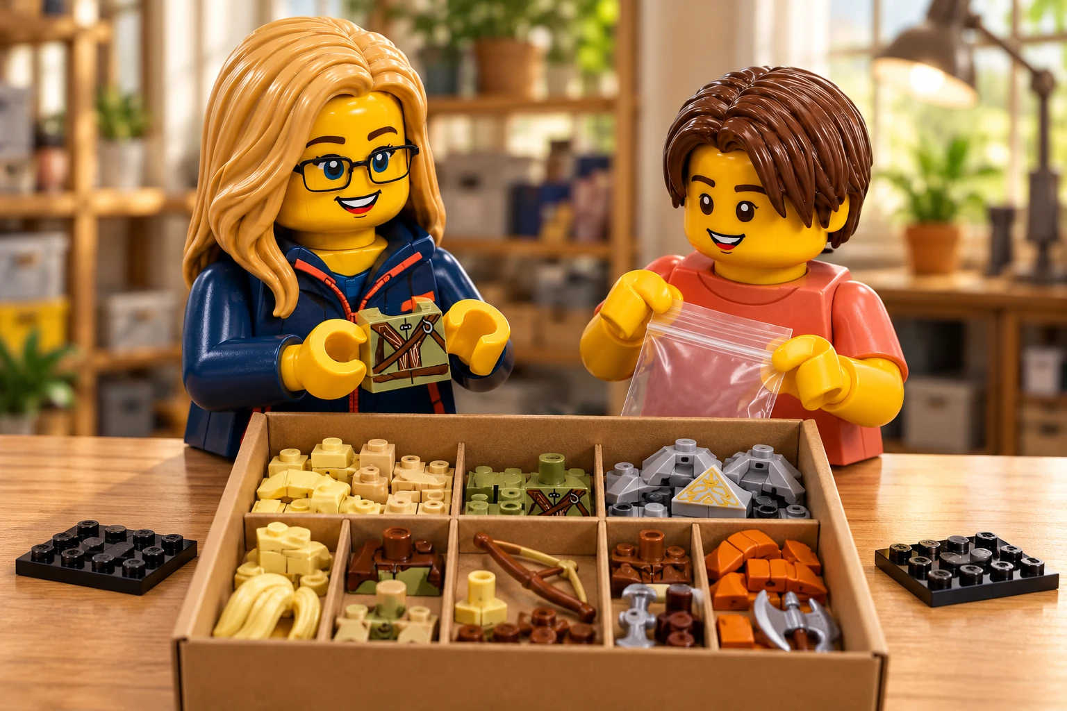 Illustration générée autour du LEGO 40751 Legolas et Gimli. L’adulte en veste bleue présente un torse vert olive sans tête ; l’adolescent en tee-shirt corail tient un sachet devant une boîte de pièces blondes, grises et orange et d’accessoires triés.