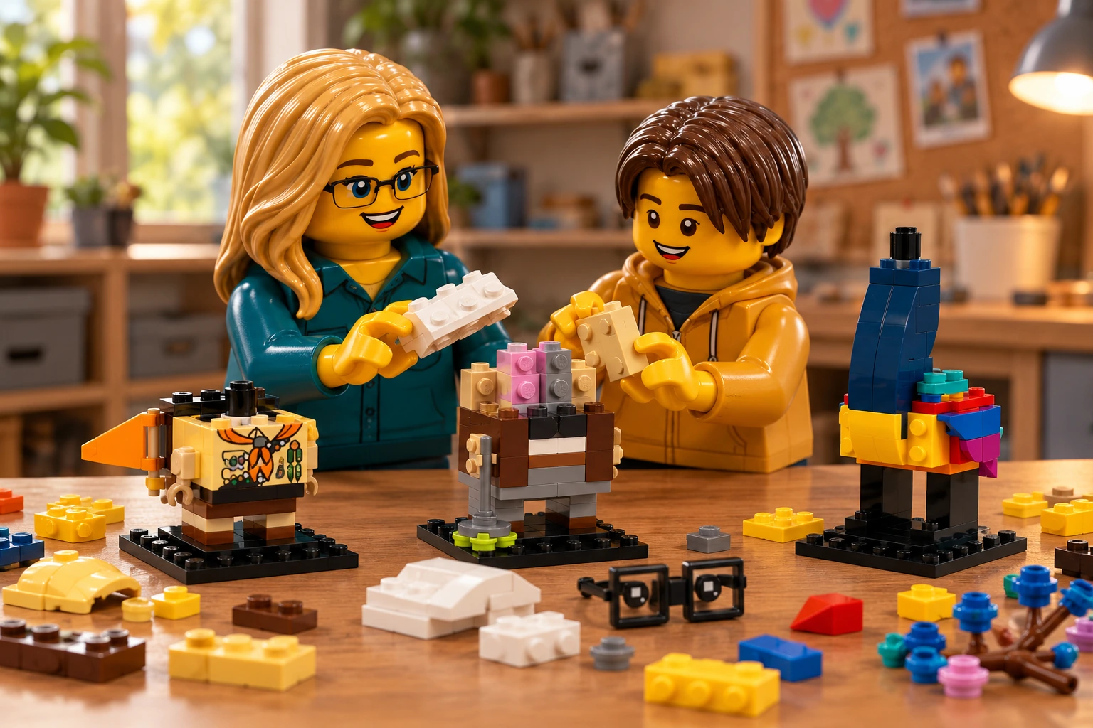 Illustration générée autour du LEGO 40752 Carl, Russell et Kevin. L’adulte en veste bleu canard et l’adolescent en sweat moutarde travaillent sur la tête ouverte de Carl ; Russell reste sans tête et le corps de Kevin sans bec ni yeux.