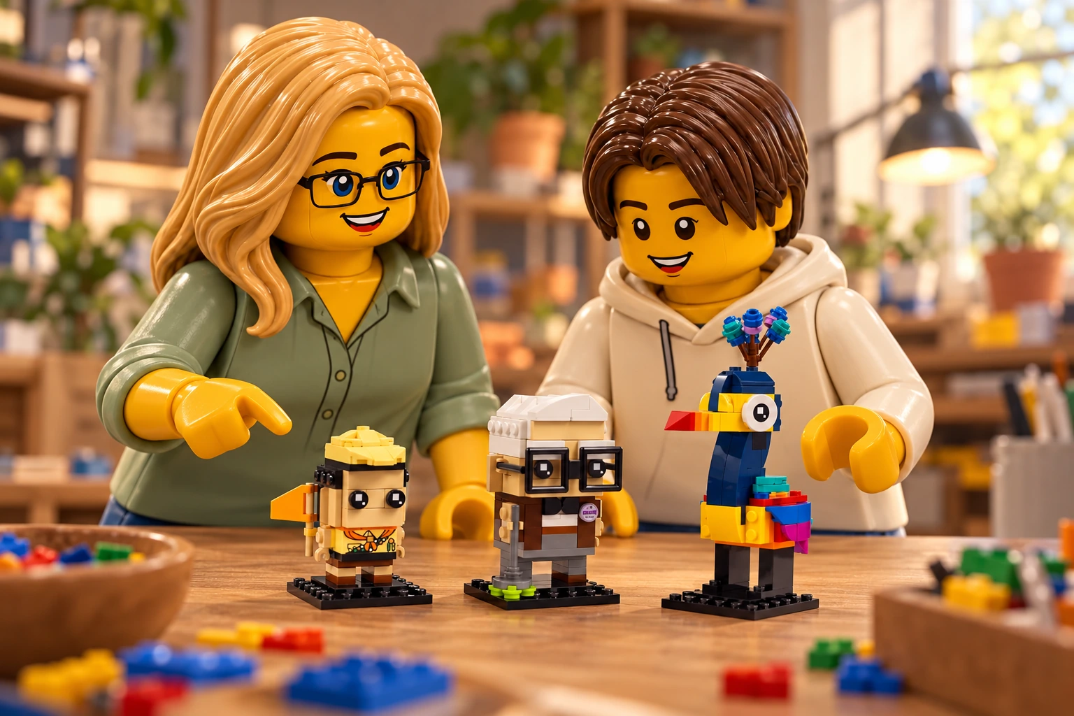 Illustration générée autour du LEGO 40752 Carl, Russell et Kevin. L’adulte en chemise vert sauge et l’adolescent en sweat crème découvrent Russell, Carl à lunettes carrées et le grand oiseau Kevin sur leurs trois petits socles.