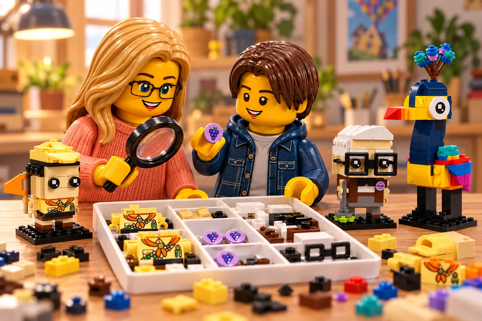 Illustration générée autour du LEGO 40752 Carl, Russell et Kevin. L’adulte en cardigan pêche utilise une loupe ; l’adolescent en veste bleue présente une petite capsule violette, devant les chemises scouts et les lunettes triées.
