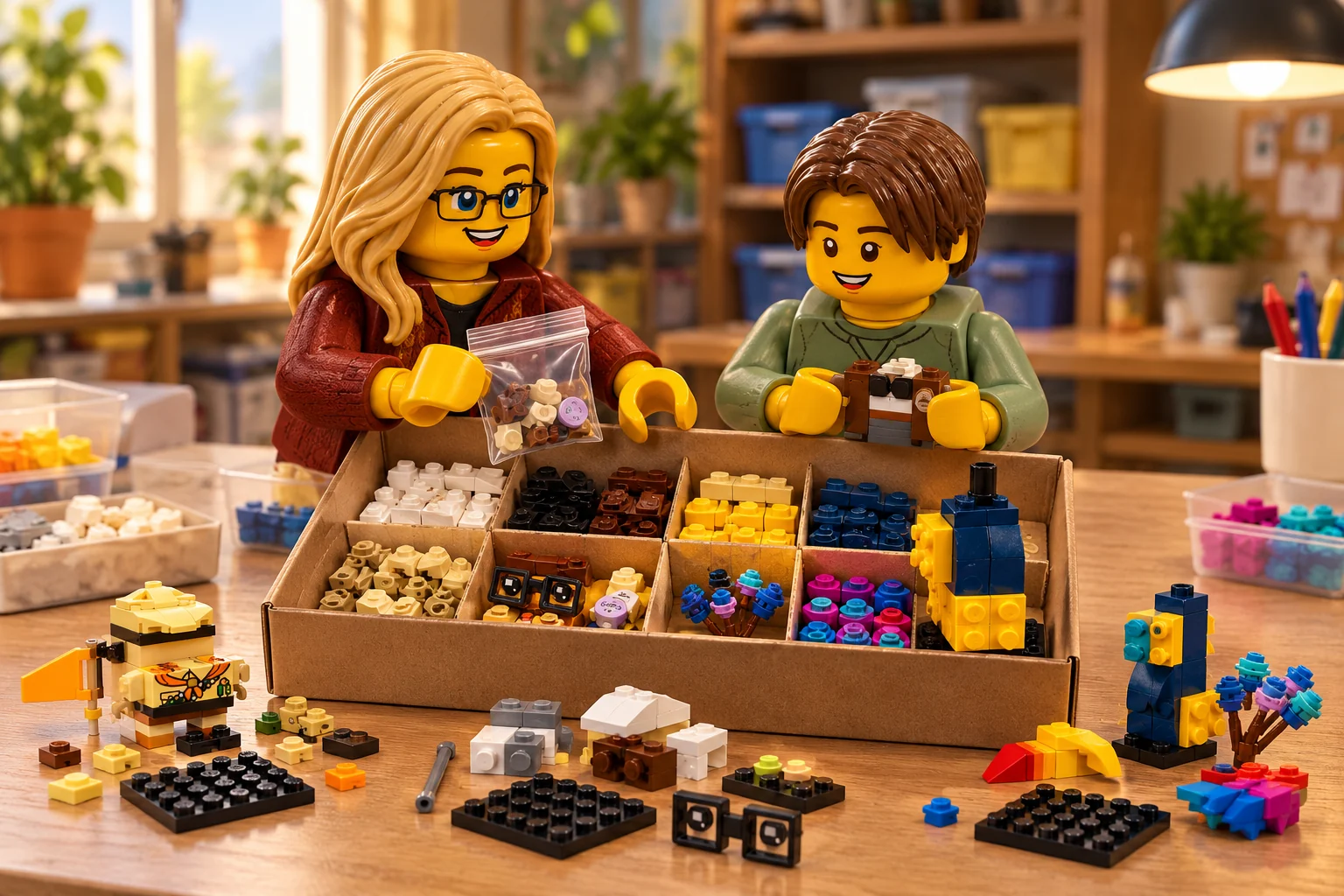 Illustration générée autour du LEGO 40752 Carl, Russell et Kevin. L’adulte en cardigan bordeaux et l’adolescent en chemise vert sauge préparent une boîte de pièces blanches, brunes et colorées, avec un corps d’oiseau incomplet et des sections de vêtements.