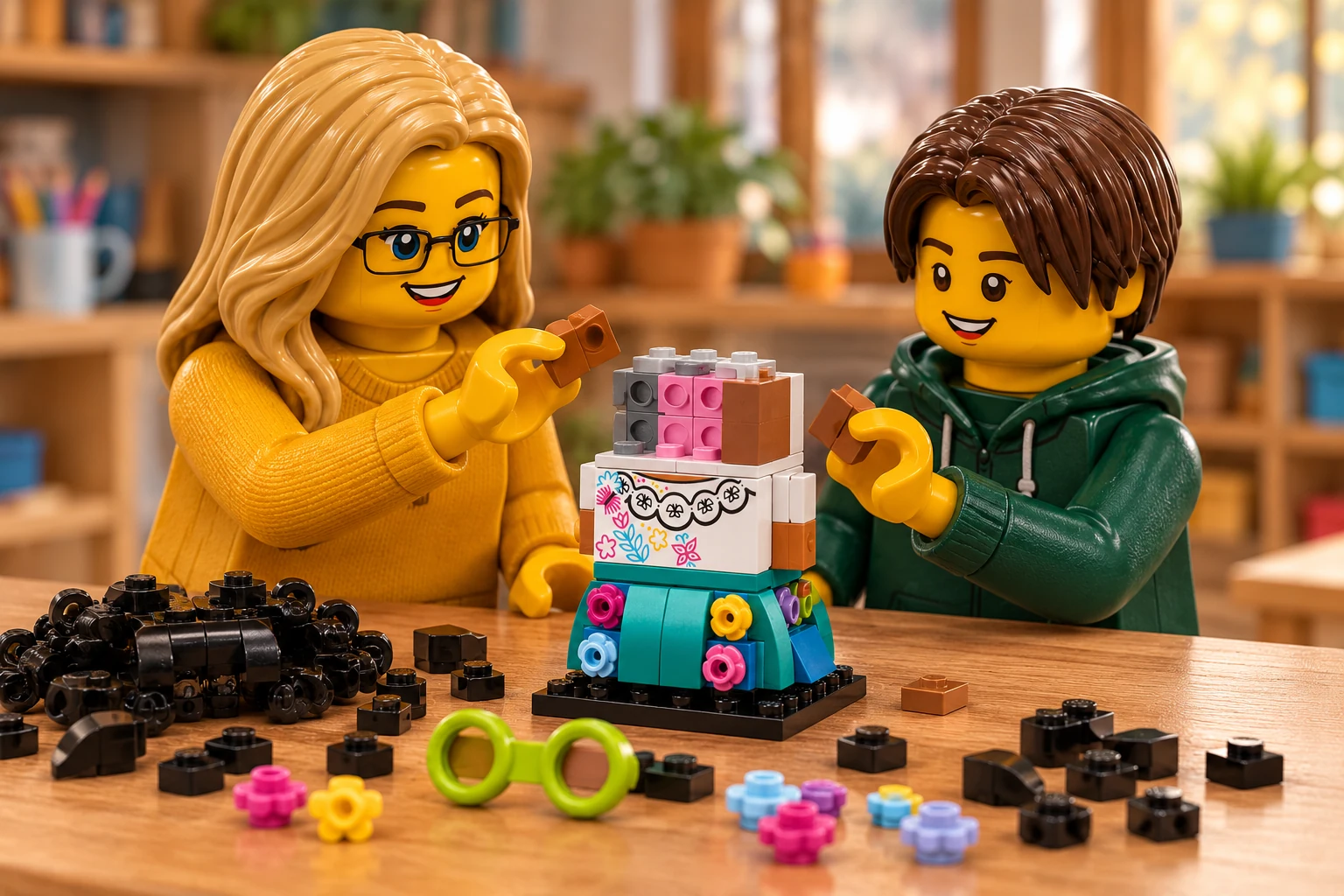 Illustration générée autour du LEGO 40753 Mirabel Madrigal. L’adulte en pull moutarde et l’adolescent en sweat vert assemblent Mirabel : la jupe et la blouse sont montées, mais le noyau rose et gris de la tête est ouvert et les cheveux noirs détachés.