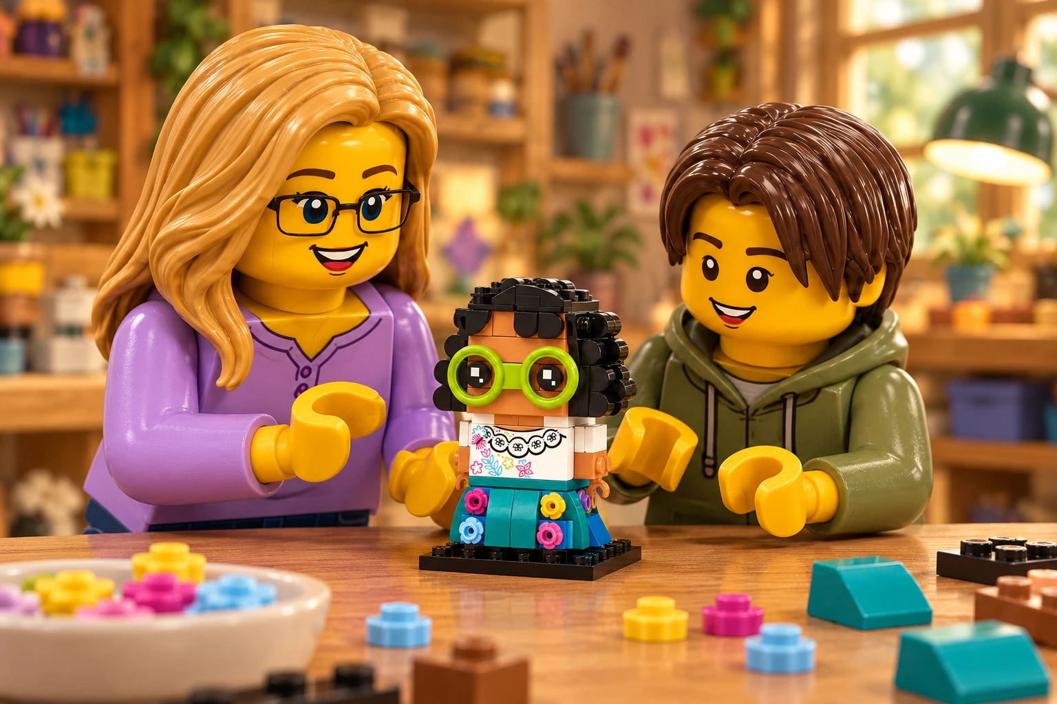 Illustration générée autour du LEGO 40753 Mirabel Madrigal. L’adulte en chemise lavande et l’adolescent en sweat olive découvrent Mirabel à lunettes vertes, blouse florale et jupe turquoise décorée de fleurs.