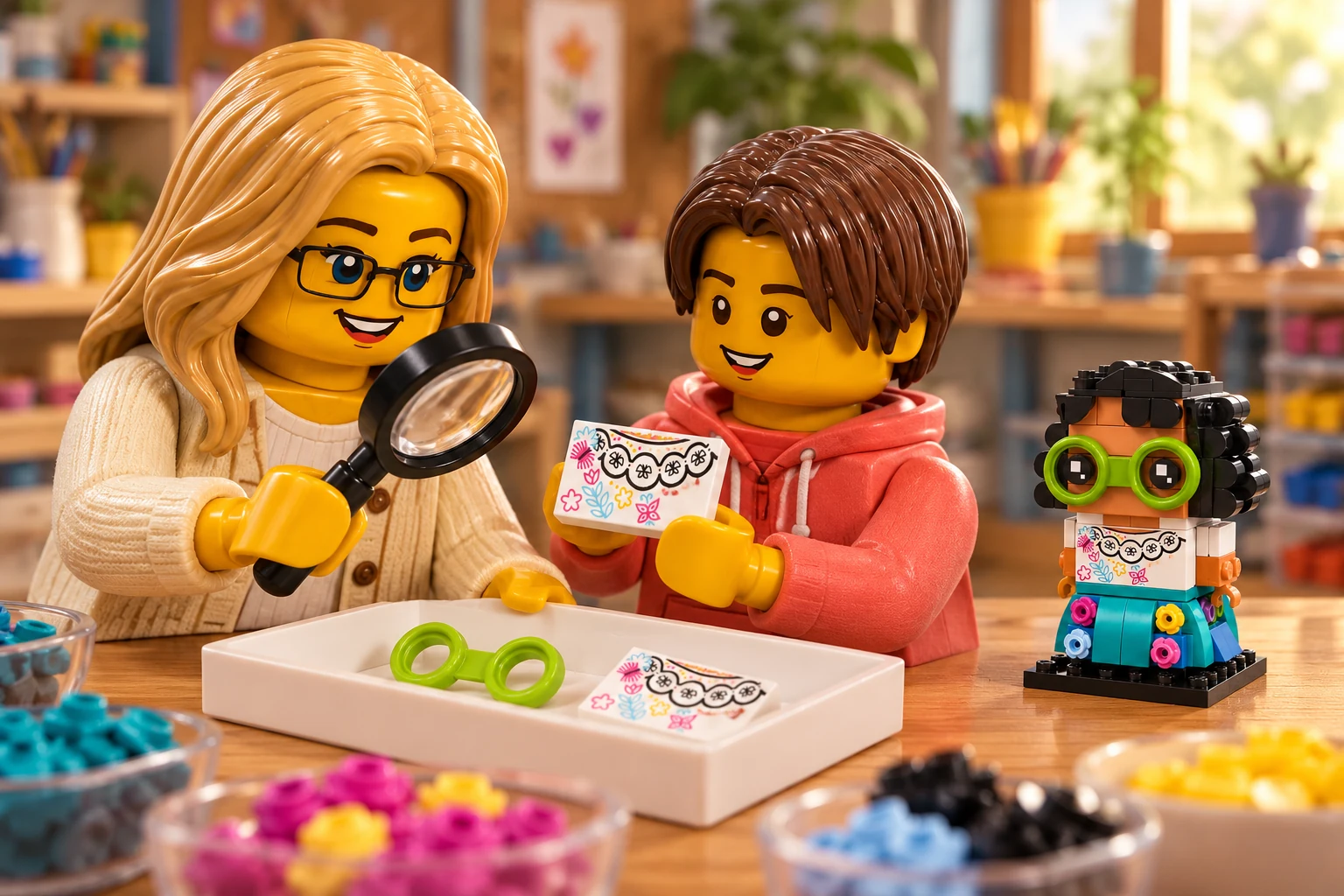 Illustration générée autour du LEGO 40753 Mirabel Madrigal. L’adulte en pull crème utilise une loupe sur la blouse imprimée tenue par l’adolescent en sweat corail ; des lunettes vertes et de petites fleurs sont disposées dans le plateau.