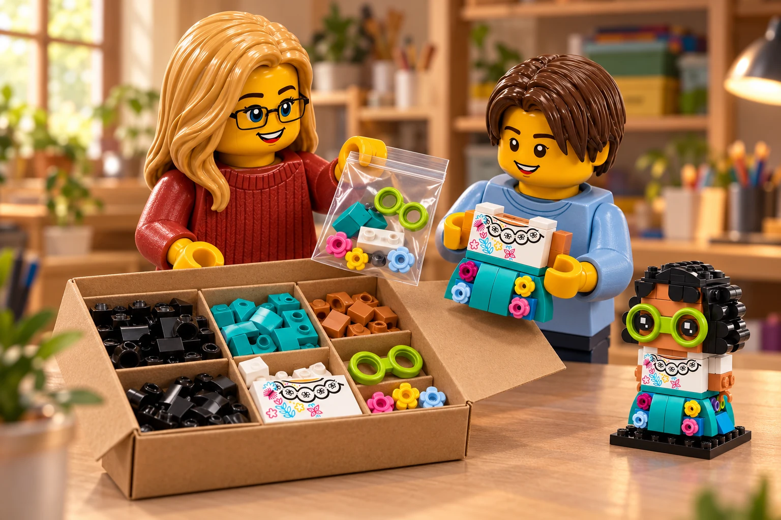 Illustration générée autour du LEGO 40753 Mirabel Madrigal. L’adulte en pull rouge présente un sachet de fleurs et de lunettes ; l’adolescent en tee-shirt bleu tient une section de blouse et de jupe sans tête devant la boîte de pièces triées.