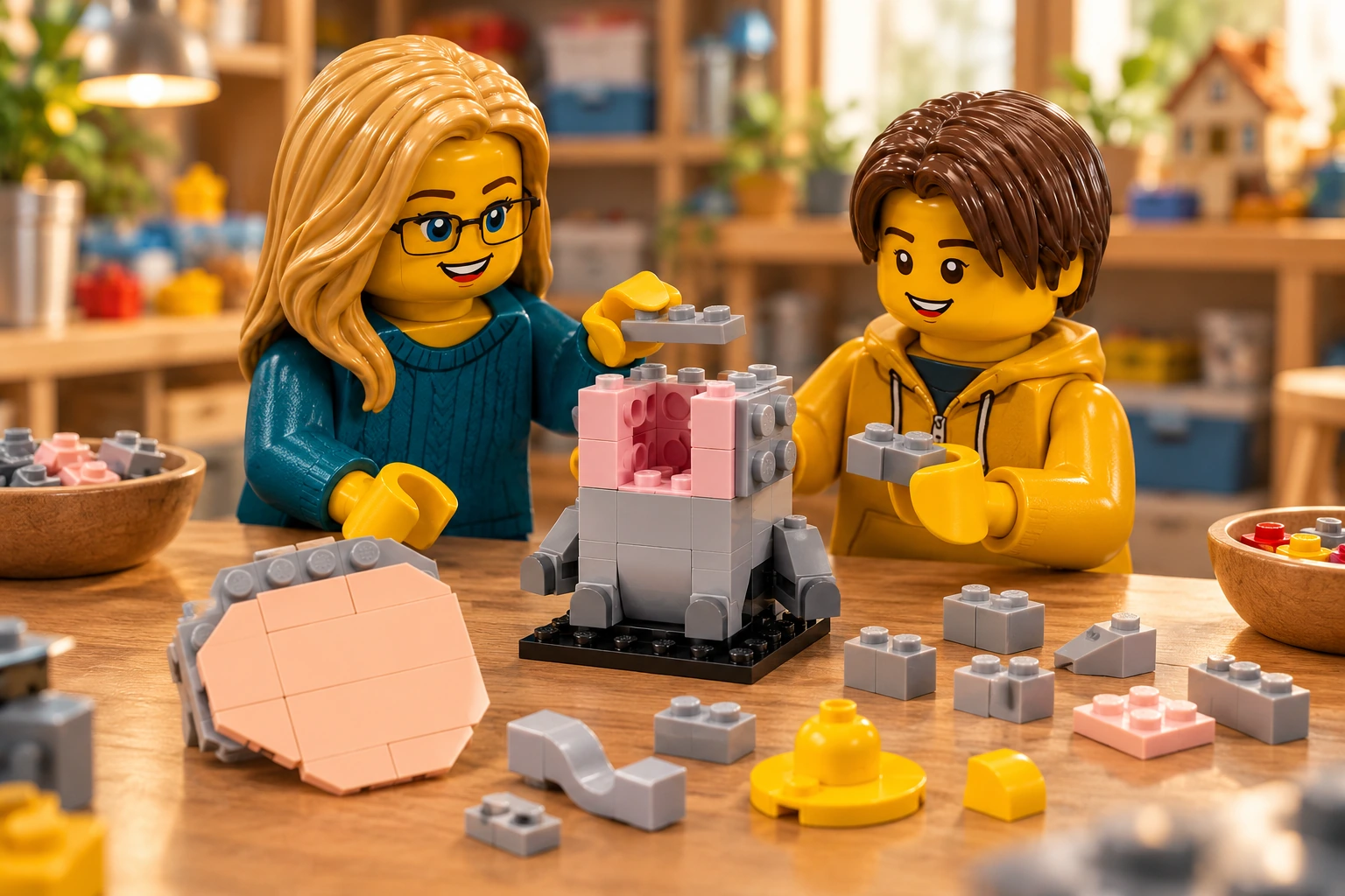 Illustration générée autour du LEGO 40792 Dumbo. L’adulte en pull bleu canard et l’adolescent en sweat moutarde assemblent le corps de Dumbo au noyau rose et gris ouvert ; une oreille, la trompe et le chapeau sont encore séparés.
